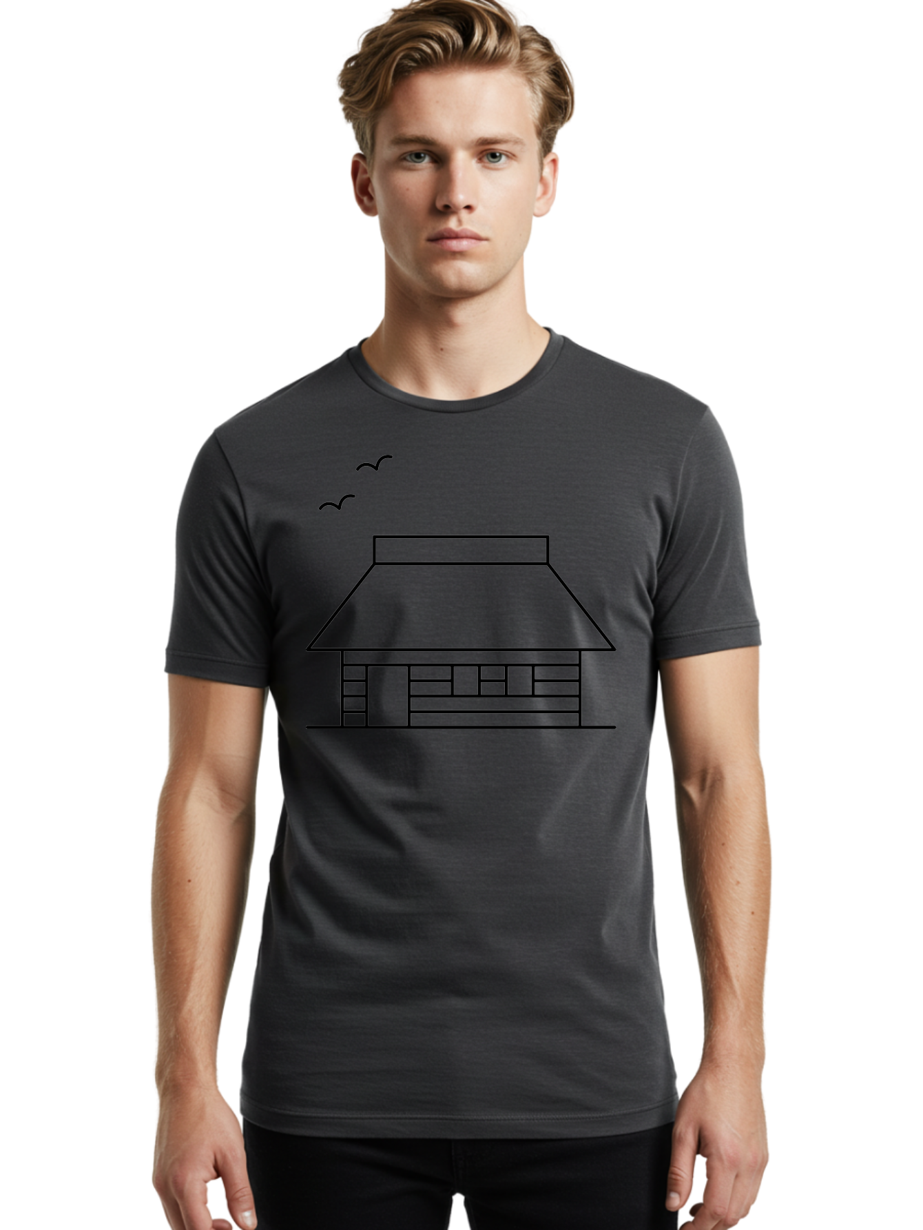 House-With-Birds Men'S Graphic Tee, 100% Cotton, Comfortable Casual Summer Wear, Machine Washable, Simple House Illustration, Minimalist Design, Birds Flying, Home Outline, Residential Architecture, Modern Graphic, Simple Shapes, - Aaa188 8