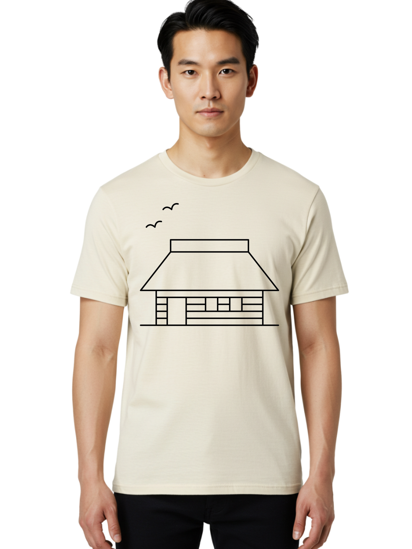 House-With-Birds Men'S Graphic Tee, 100% Cotton, Comfortable Casual Summer Wear, Machine Washable, Simple House Illustration, Minimalist Design, Birds Flying, Home Outline, Residential Architecture, Modern Graphic, Simple Shapes, - Aaa188 26