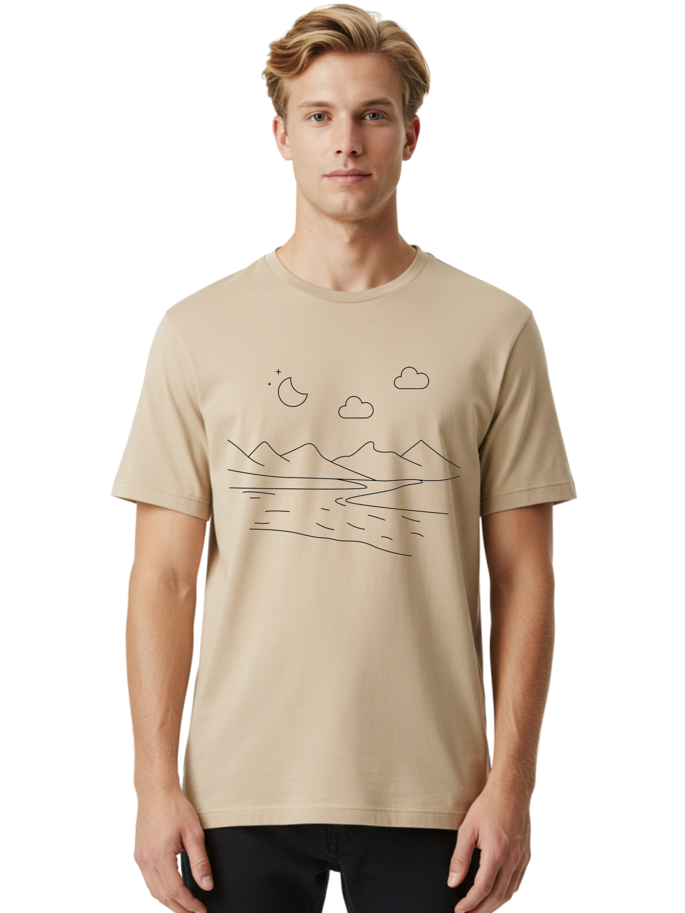 Moon-Stars-And-Clouds Men'S Graphic Tee, 100% Cotton, Comfortable Casual Summer Wear, Machine Washable, Moon And Stars, Serene Landscape, Majestic Mountains, Calm Water, Peaceful Atmosphere, Minimalist Design, Simple Art - Aaa195 18