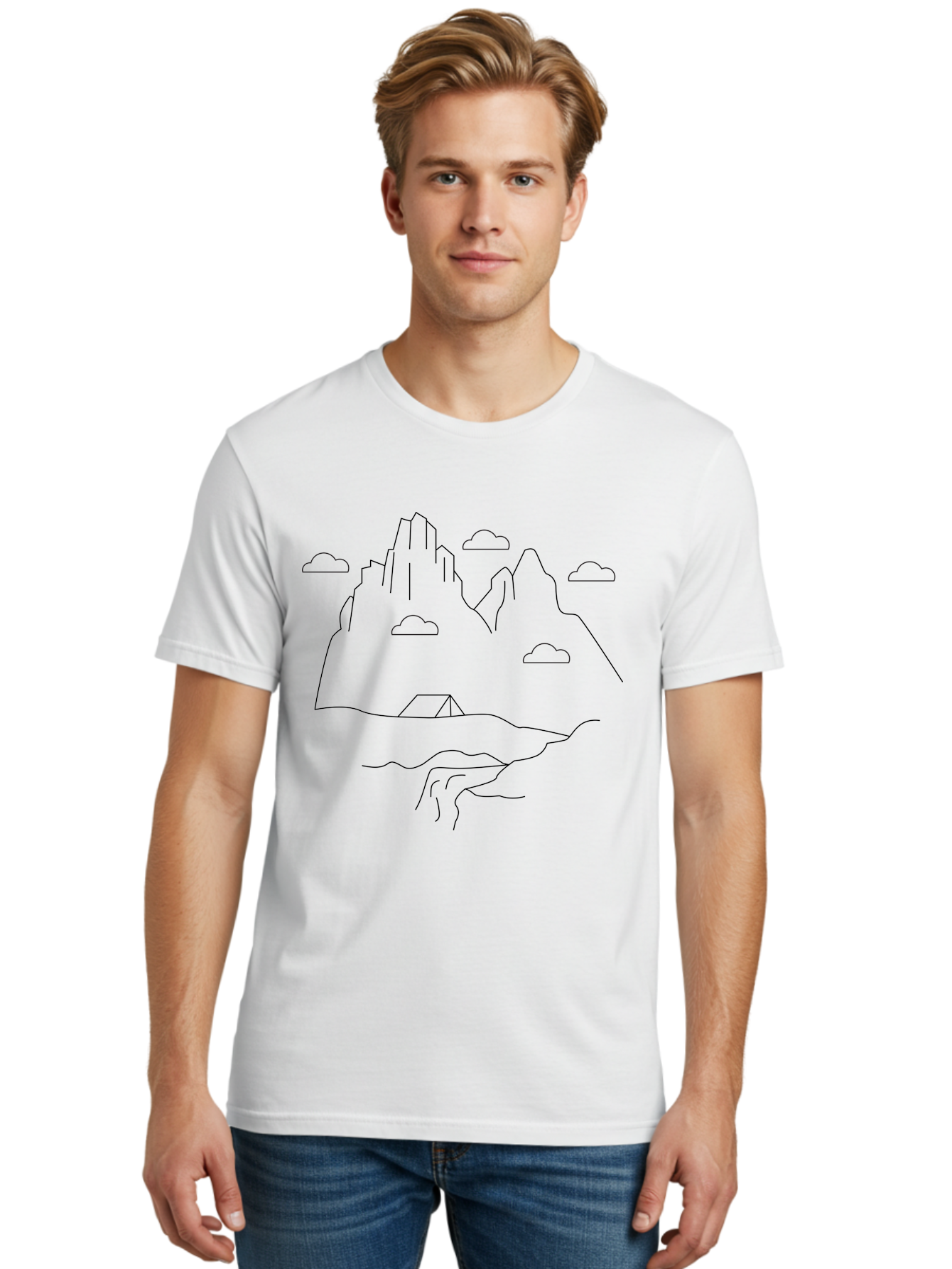 Mountain-Landscape-1 Men'S Graphic Tee, 100% Cotton, Comfortable Casual Summer Wear, Machine Washable, Mountain Peaks, Serene Landscape, Simple Illustration, Minimalist Art, Camping Tent, Outdoor Scenery, Rocky Terrain, Cloudy Sky, - Aaa196 18