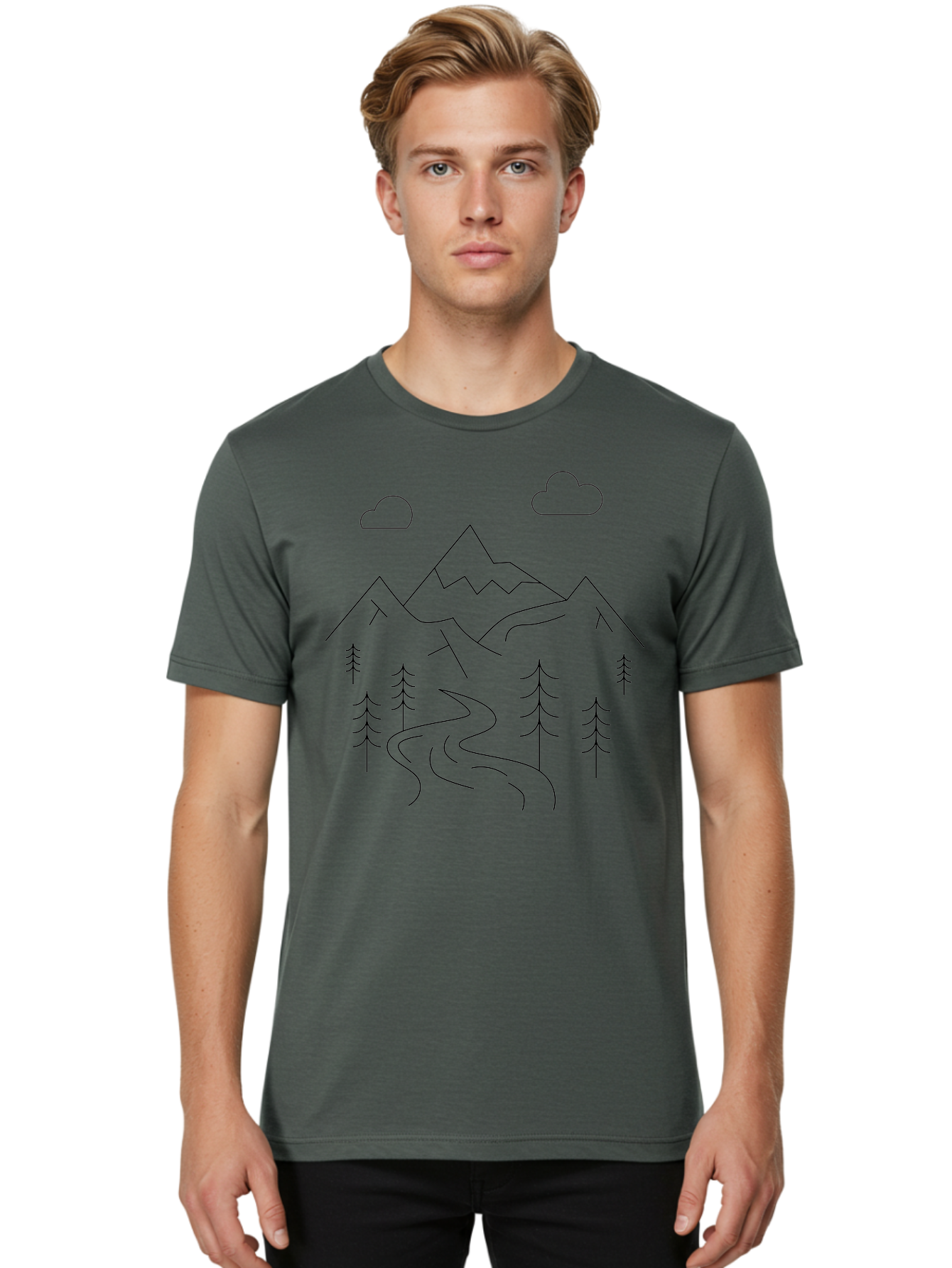 Mountains-And-Trees Men'S Graphic Tee, 100% Cotton, Comfortable Casual Summer Wear, Machine Washable, Mountain Range, Winding River, Pine Trees, Clouds, Serene Landscape, Minimalist Art, Simple Design, Nature Illustration - Aaa200 22