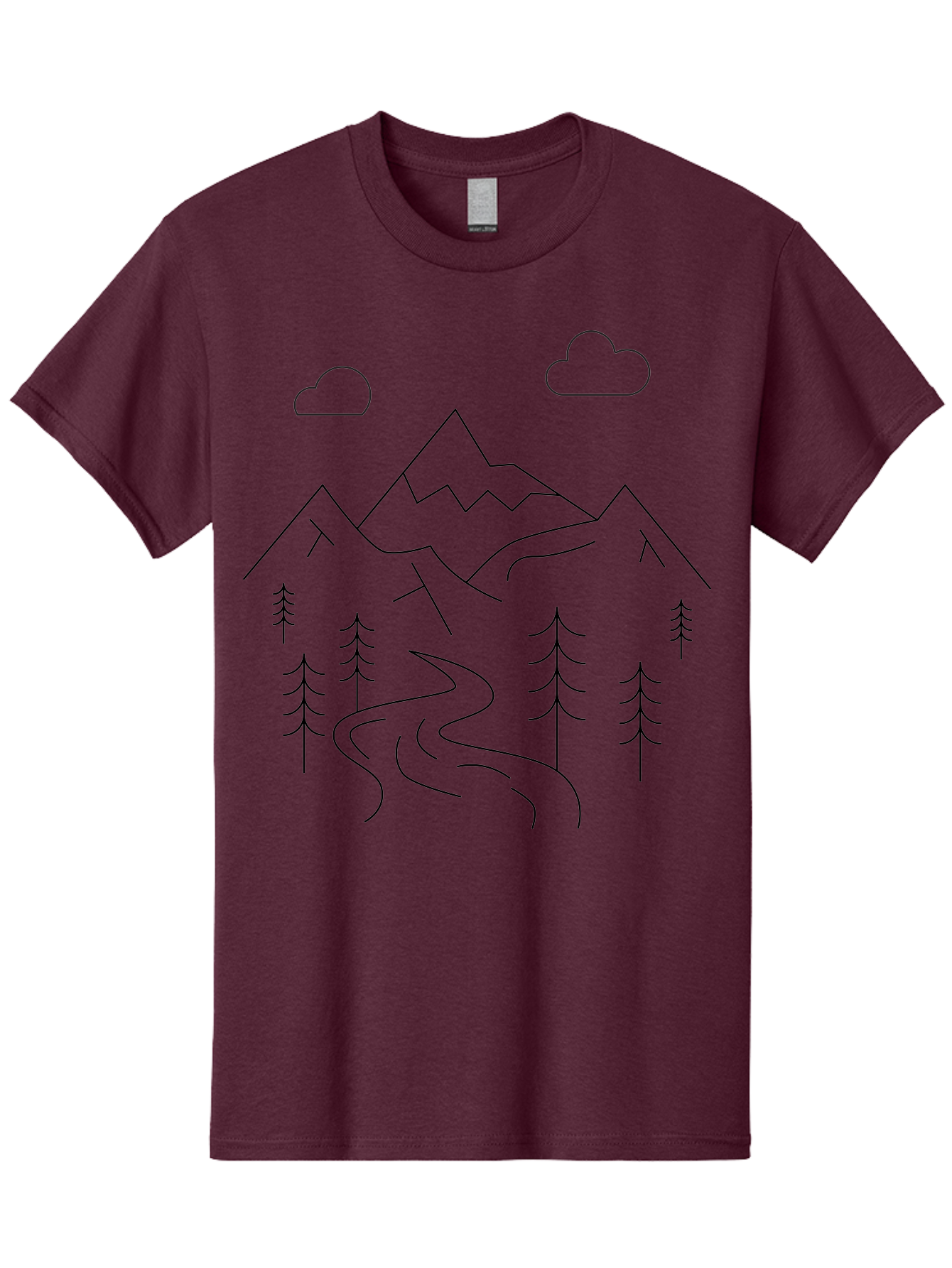 Mountains-And-Trees Men'S Graphic Tee, 100% Cotton, Comfortable Casual Summer Wear, Machine Washable, Mountain Range, Winding River, Pine Trees, Clouds, Serene Landscape, Minimalist Art, Simple Design, Nature Illustration - Aaa200 3