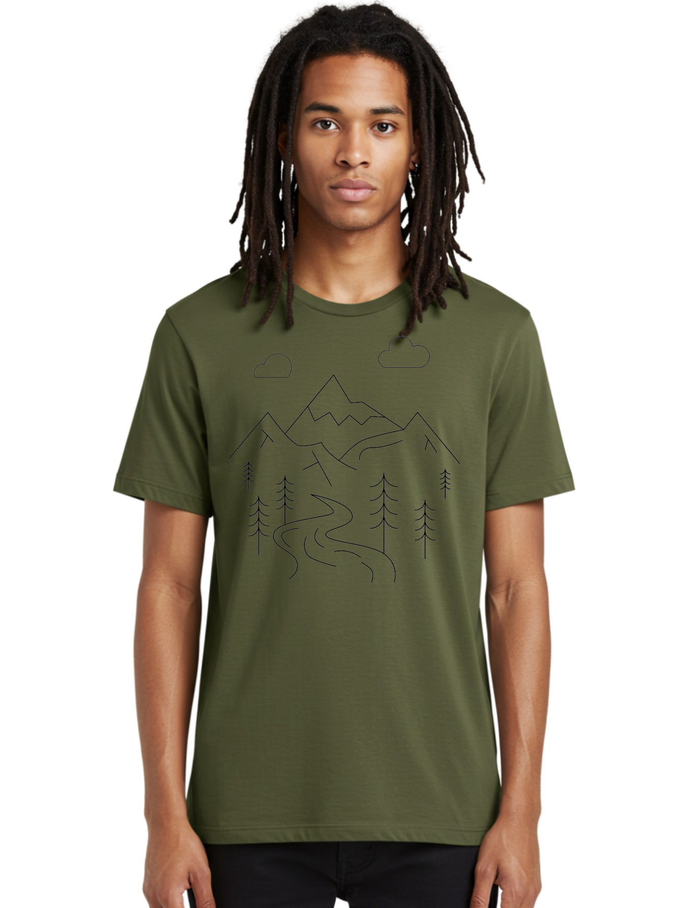 Mountains-And-Trees Men'S Graphic Tee, 100% Cotton, Comfortable Casual Summer Wear, Machine Washable, Mountain Range, Winding River, Pine Trees, Clouds, Serene Landscape, Minimalist Art, Simple Design, Nature Illustration - Aaa200 28