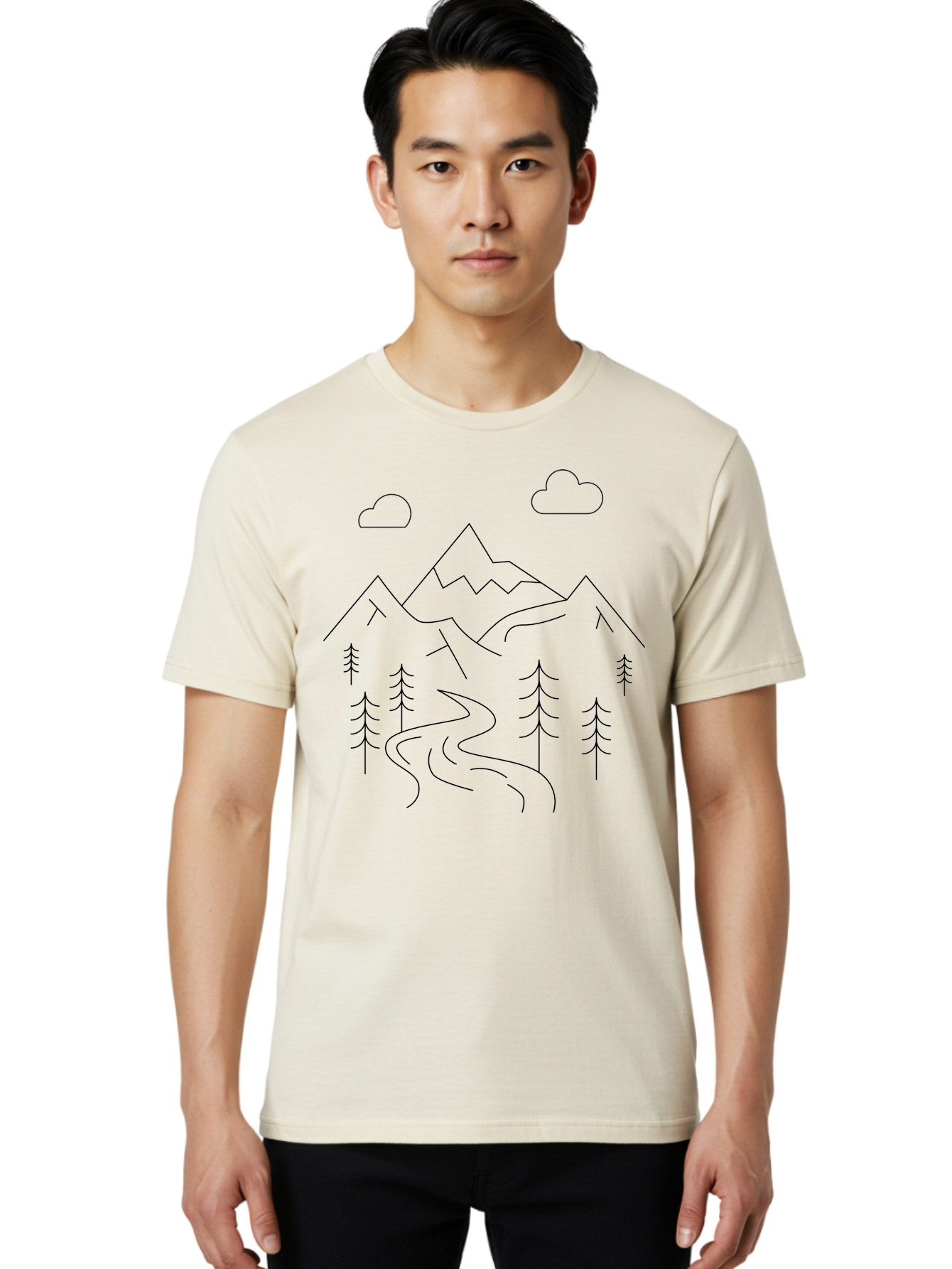 Mountains-And-Trees Men'S Graphic Tee, 100% Cotton, Comfortable Casual Summer Wear, Machine Washable, Mountain Range, Winding River, Pine Trees, Clouds, Serene Landscape, Minimalist Art, Simple Design, Nature Illustration - Aaa200 20