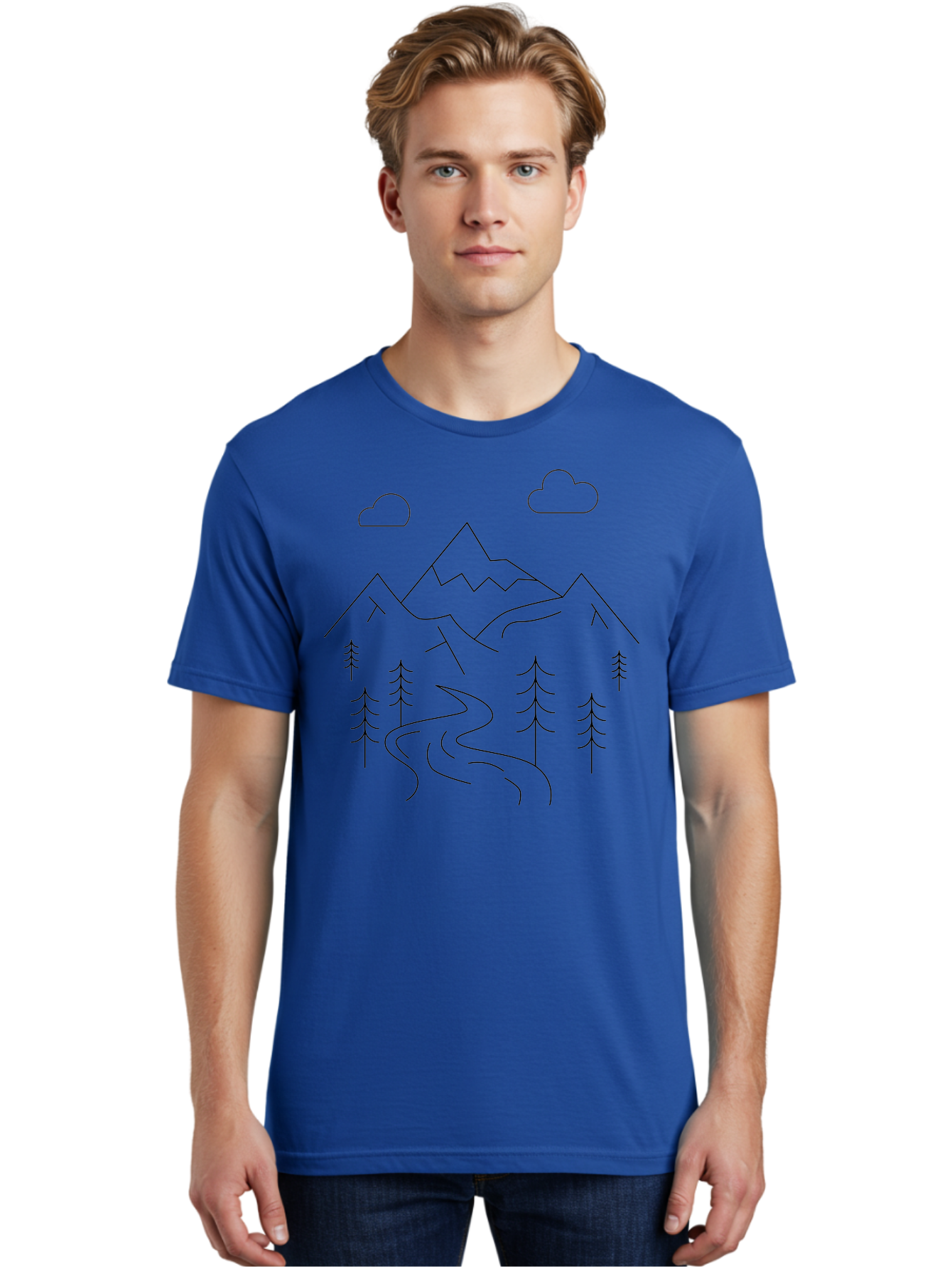 Mountains-And-Trees Men'S Graphic Tee, 100% Cotton, Comfortable Casual Summer Wear, Machine Washable, Mountain Range, Winding River, Pine Trees, Clouds, Serene Landscape, Minimalist Art, Simple Design, Nature Illustration - Aaa200 8