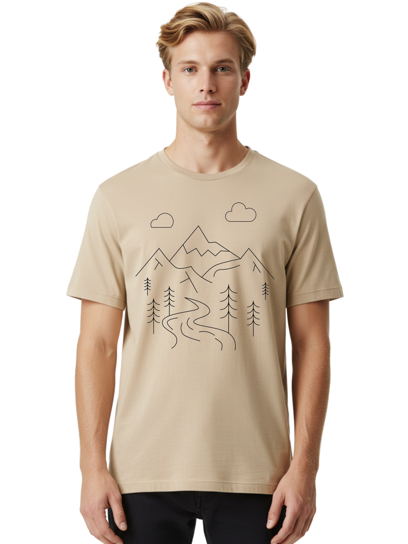 Mountains-And-Trees Men'S Graphic Tee, 100% Cotton, Comfortable Casual Summer Wear, Machine Washable, Mountain Range, Winding River, Pine Trees, Clouds, Serene Landscape, Minimalist Art, Simple Design, Nature Illustration - Aaa200 6