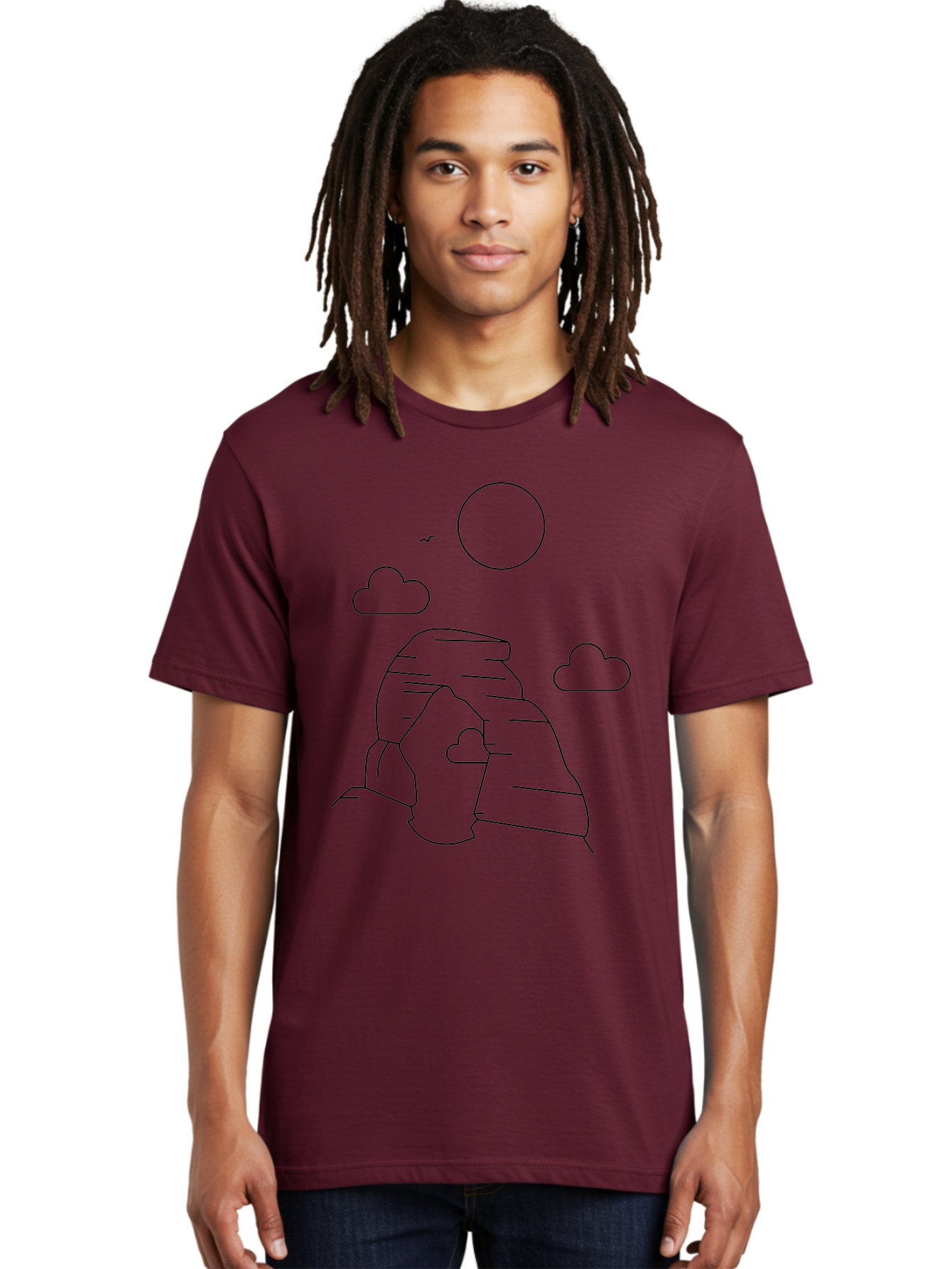 Rock-Formation Men'S Graphic Tee, 100% Cotton, Comfortable Casual Summer Wear, Machine Washable, Rocky Landscape, Minimalist Art, Simple Shapes, Whimsical Design, Clouds, Sun, Birds Flying, Serene Atmosphere, Modern Illustration, - Aaa203 20