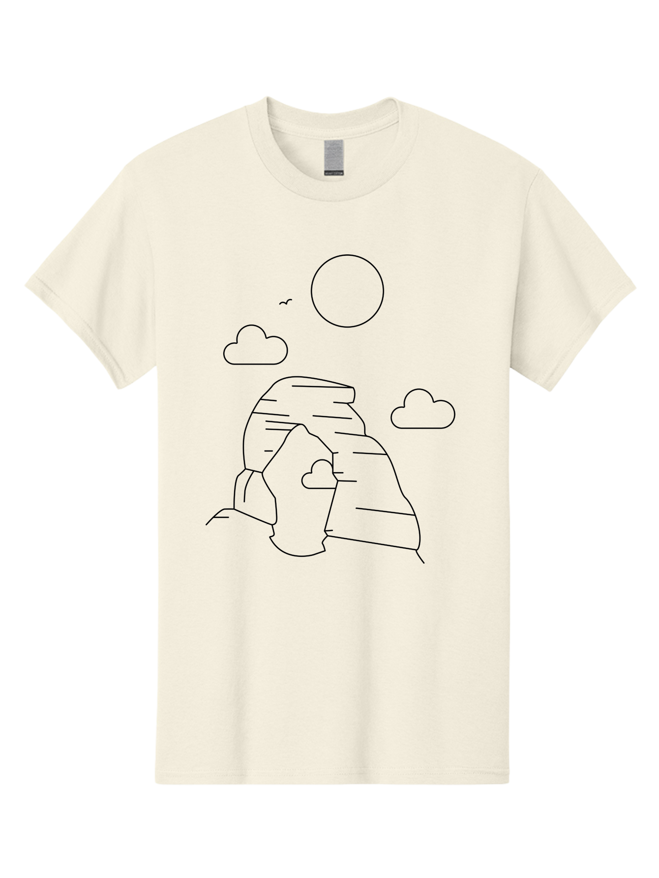 Rock-Formation Men'S Graphic Tee, 100% Cotton, Comfortable Casual Summer Wear, Machine Washable, Rocky Landscape, Minimalist Art, Simple Shapes, Whimsical Design, Clouds, Sun, Birds Flying, Serene Atmosphere, Modern Illustration, - Aaa203 5
