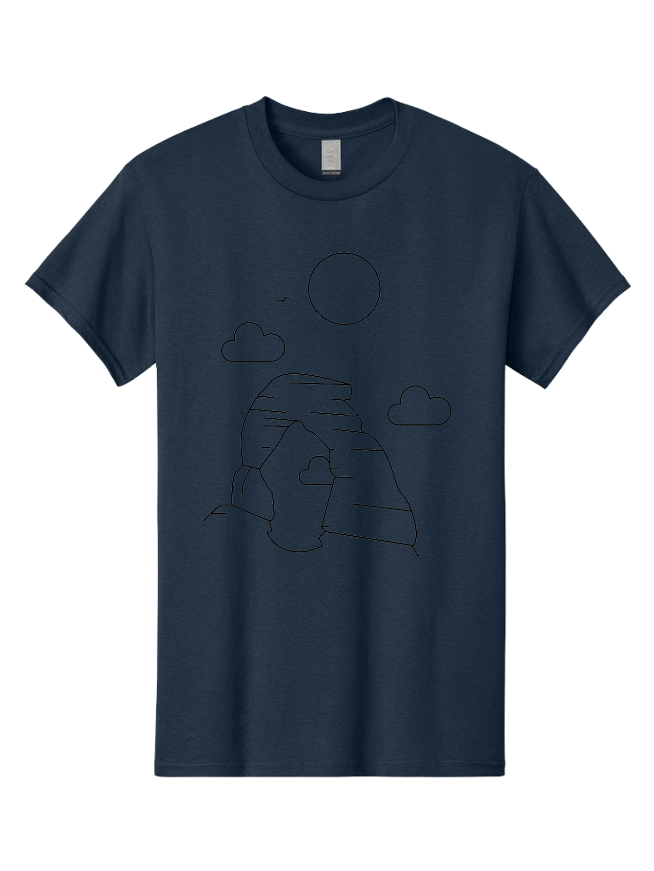 Rock-Formation Men'S Graphic Tee, 100% Cotton, Comfortable Casual Summer Wear, Machine Washable, Rocky Landscape, Minimalist Art, Simple Shapes, Whimsical Design, Clouds, Sun, Birds Flying, Serene Atmosphere, Modern Illustration, - Aaa203 3