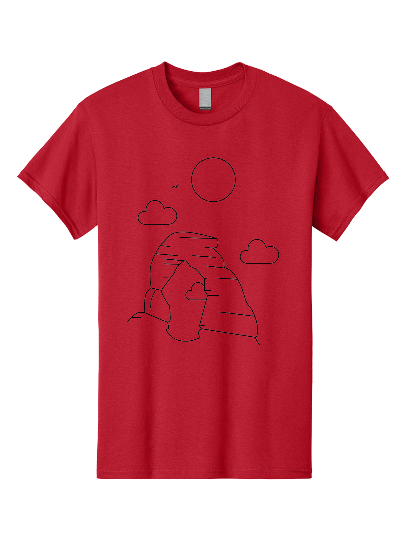 Rock-Formation Men'S Graphic Tee, 100% Cotton, Comfortable Casual Summer Wear, Machine Washable, Rocky Landscape, Minimalist Art, Simple Shapes, Whimsical Design, Clouds, Sun, Birds Flying, Serene Atmosphere, Modern Illustration, - Aaa203 7
