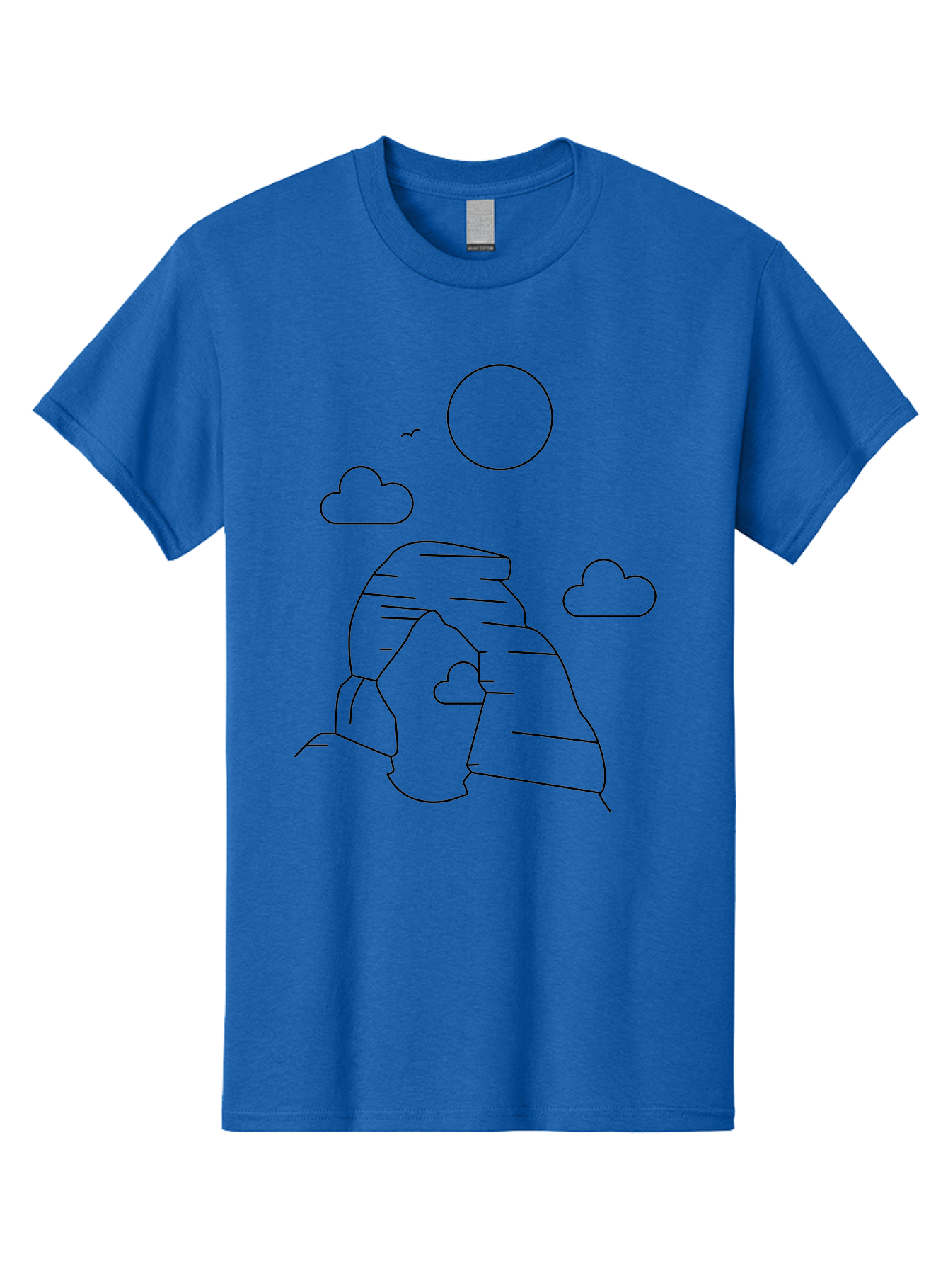 Rock-Formation Men'S Graphic Tee, 100% Cotton, Comfortable Casual Summer Wear, Machine Washable, Rocky Landscape, Minimalist Art, Simple Shapes, Whimsical Design, Clouds, Sun, Birds Flying, Serene Atmosphere, Modern Illustration, - Aaa203 15