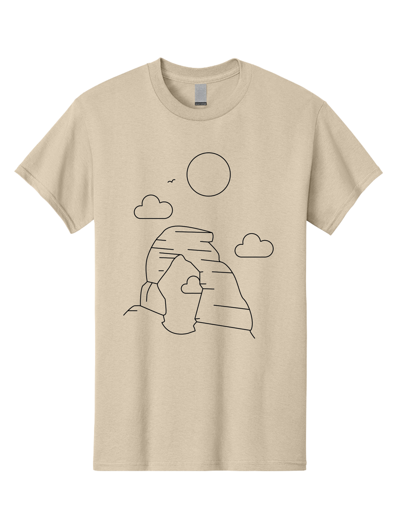 Rock-Formation Men'S Graphic Tee, 100% Cotton, Comfortable Casual Summer Wear, Machine Washable, Rocky Landscape, Minimalist Art, Simple Shapes, Whimsical Design, Clouds, Sun, Birds Flying, Serene Atmosphere, Modern Illustration, - Aaa203 11