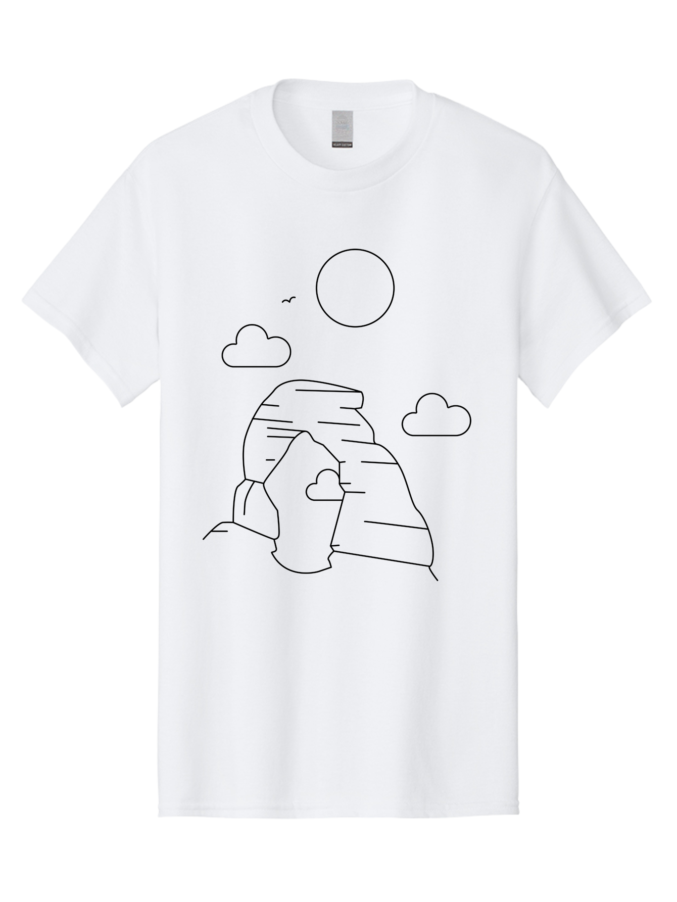 Rock-Formation Men'S Graphic Tee, 100% Cotton, Comfortable Casual Summer Wear, Machine Washable, Rocky Landscape, Minimalist Art, Simple Shapes, Whimsical Design, Clouds, Sun, Birds Flying, Serene Atmosphere, Modern Illustration, - Aaa203 23