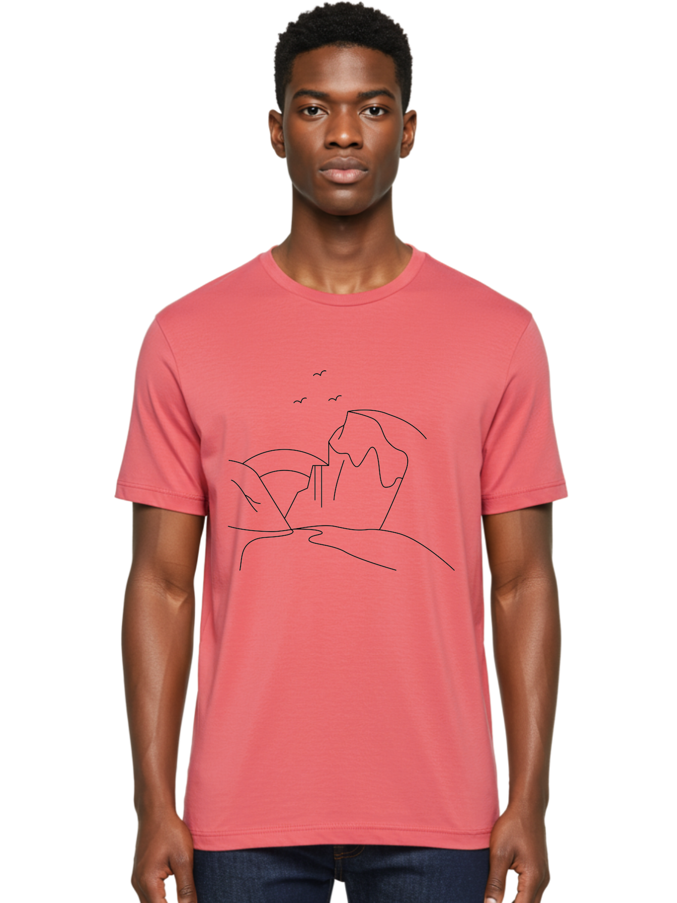 Simple-Cliff Men'S Graphic Tee, 100% Cotton, Comfortable Casual Summer Wear, Machine Washable, Cliffside Landscape, Minimalist Design, Birds In Flight, Scenic View, Natural Scenery, Simple Lines, Modern Art, Serene Atmosphere - Aaa204 30