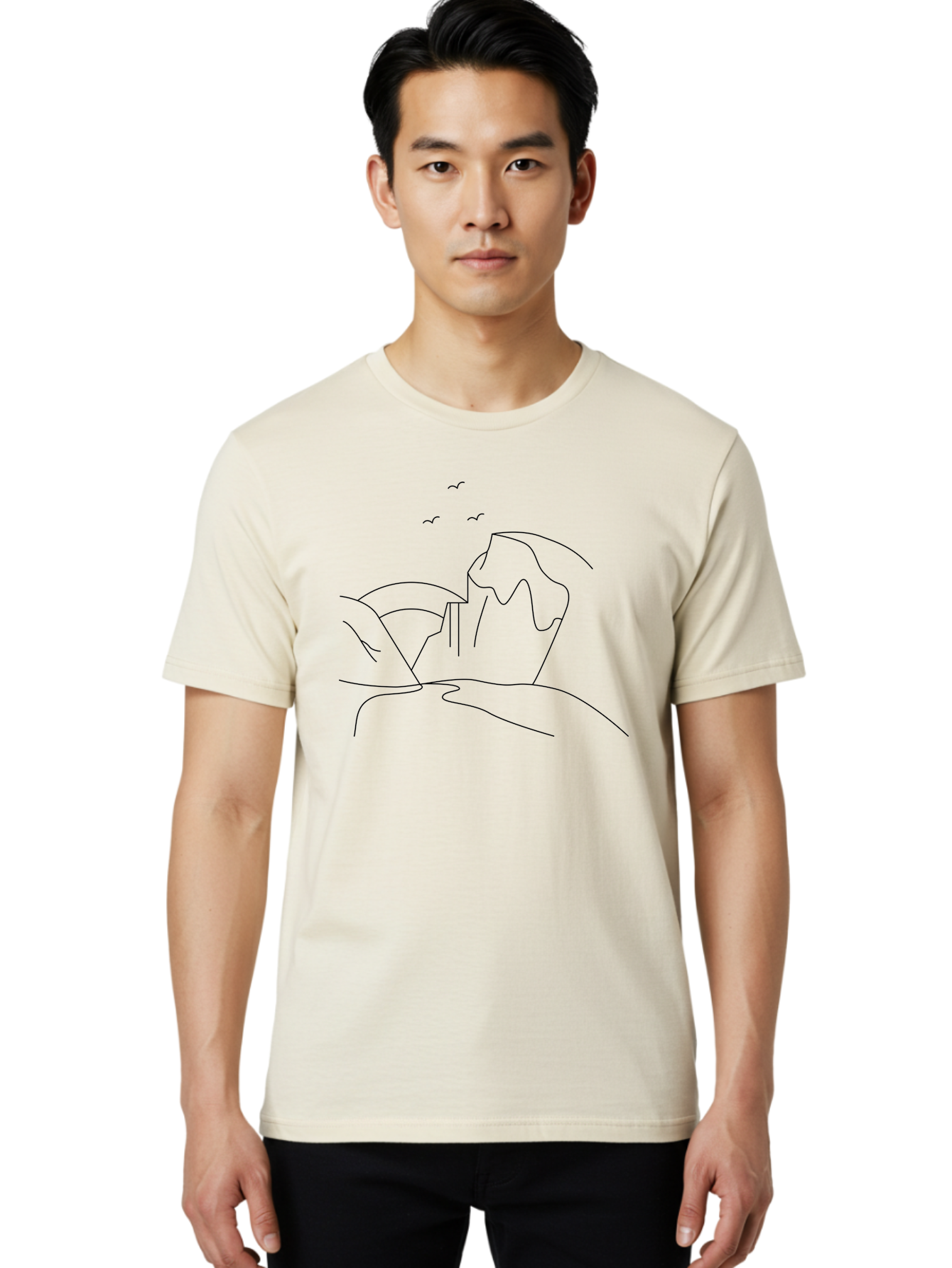 Simple-Cliff Men'S Graphic Tee, 100% Cotton, Comfortable Casual Summer Wear, Machine Washable, Cliffside Landscape, Minimalist Design, Birds In Flight, Scenic View, Natural Scenery, Simple Lines, Modern Art, Serene Atmosphere - Aaa204 16