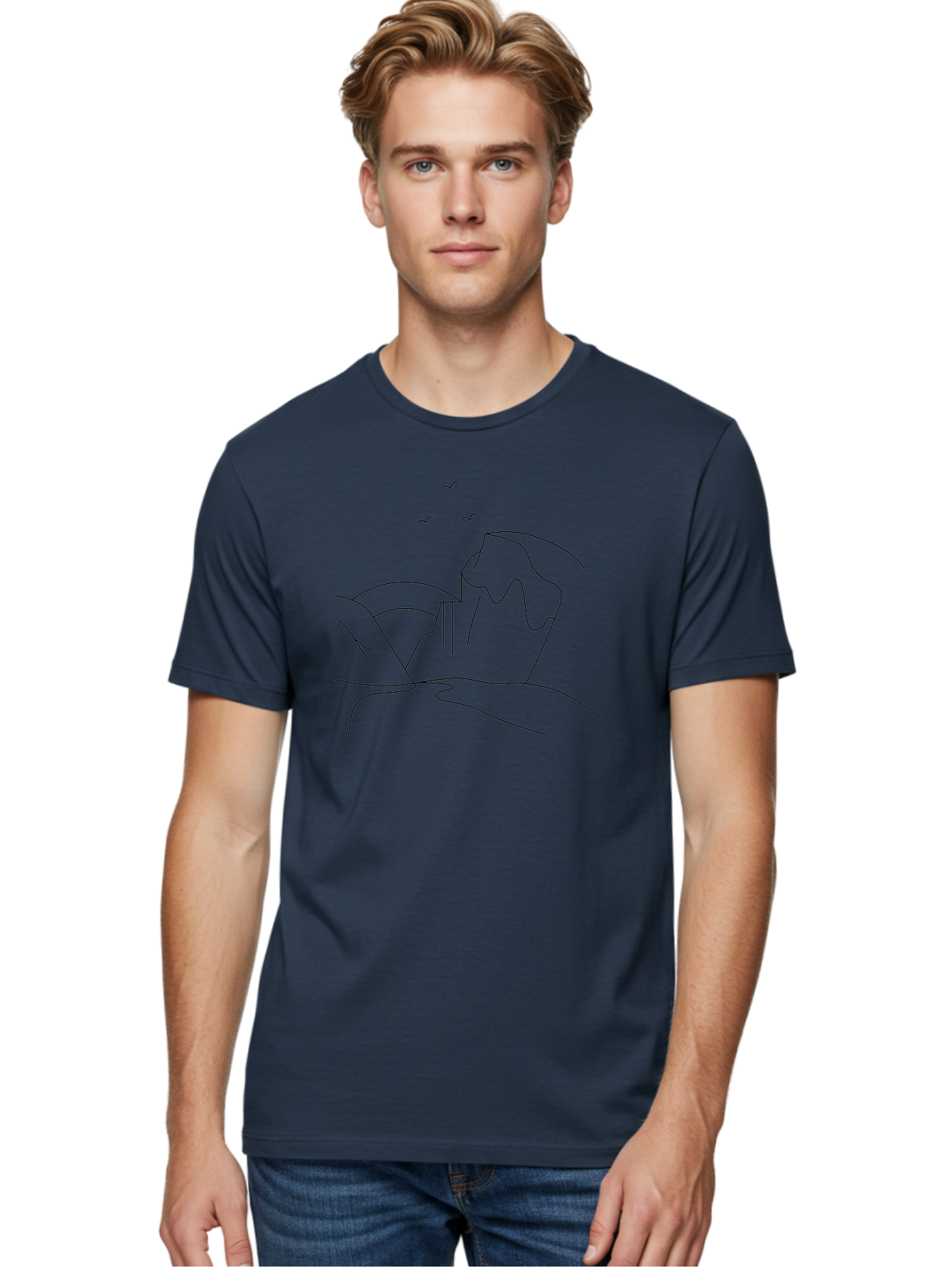 Simple-Cliff Men'S Graphic Tee, 100% Cotton, Comfortable Casual Summer Wear, Machine Washable, Cliffside Landscape, Minimalist Design, Birds In Flight, Scenic View, Natural Scenery, Simple Lines, Modern Art, Serene Atmosphere - Aaa204 12