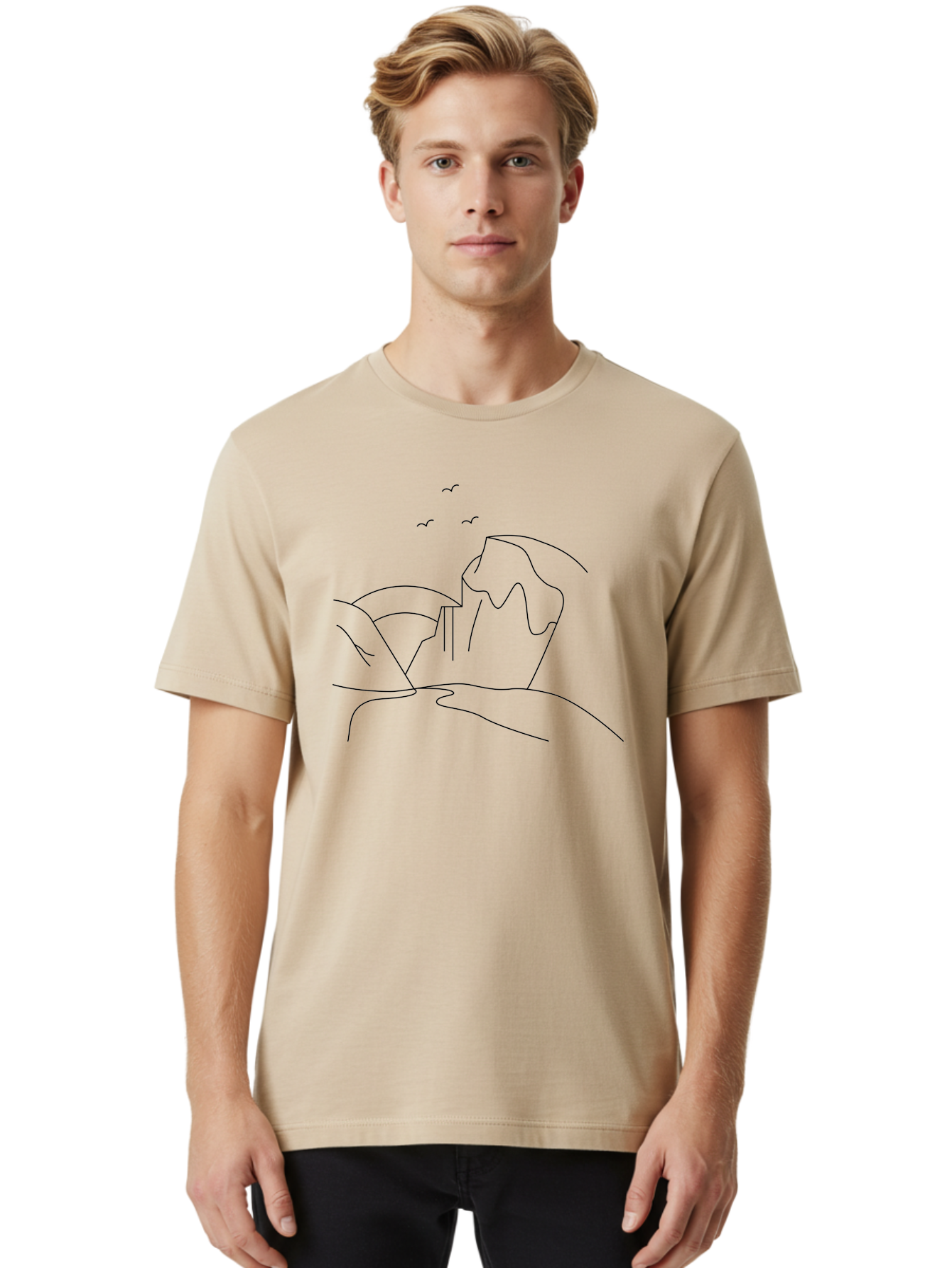 Simple-Cliff Men'S Graphic Tee, 100% Cotton, Comfortable Casual Summer Wear, Machine Washable, Cliffside Landscape, Minimalist Design, Birds In Flight, Scenic View, Natural Scenery, Simple Lines, Modern Art, Serene Atmosphere - Aaa204 26
