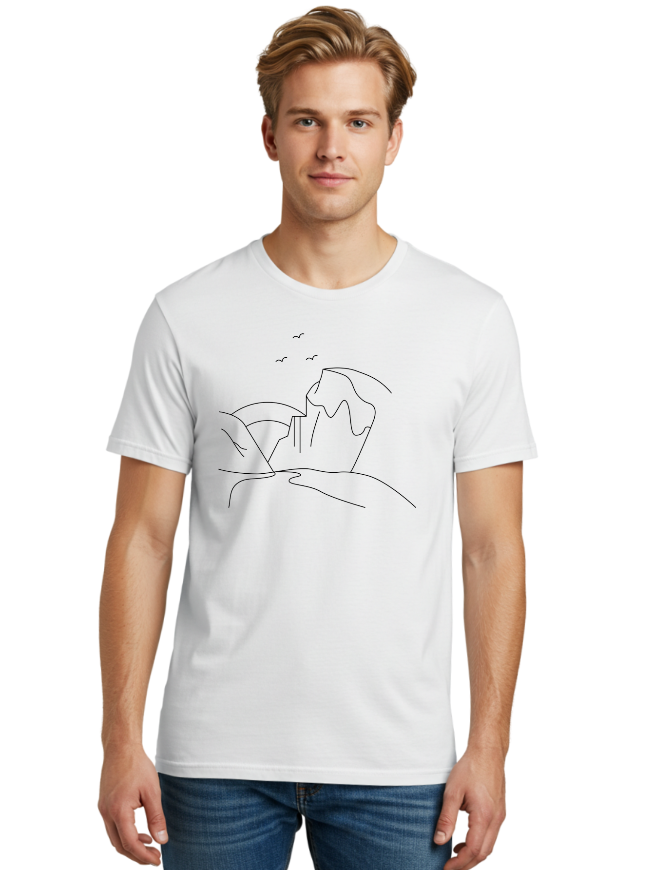 Simple-Cliff Men'S Graphic Tee, 100% Cotton, Comfortable Casual Summer Wear, Machine Washable, Cliffside Landscape, Minimalist Design, Birds In Flight, Scenic View, Natural Scenery, Simple Lines, Modern Art, Serene Atmosphere - Aaa204 6
