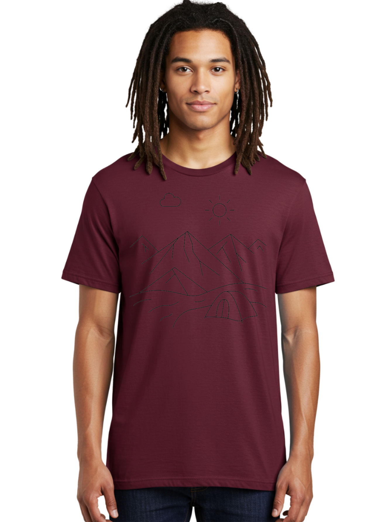 Tent-And-Mountain Men'S Graphic Tee, 100% Cotton, Comfortable Casual Summer Wear, Machine Washable, Mountain Landscape, Simple Line Art, Serene Atmosphere, Tent, Sun, Cloud, Minimalist Design, Outdoor Scenery, Natural Beauty, Camping - Aaa215 20