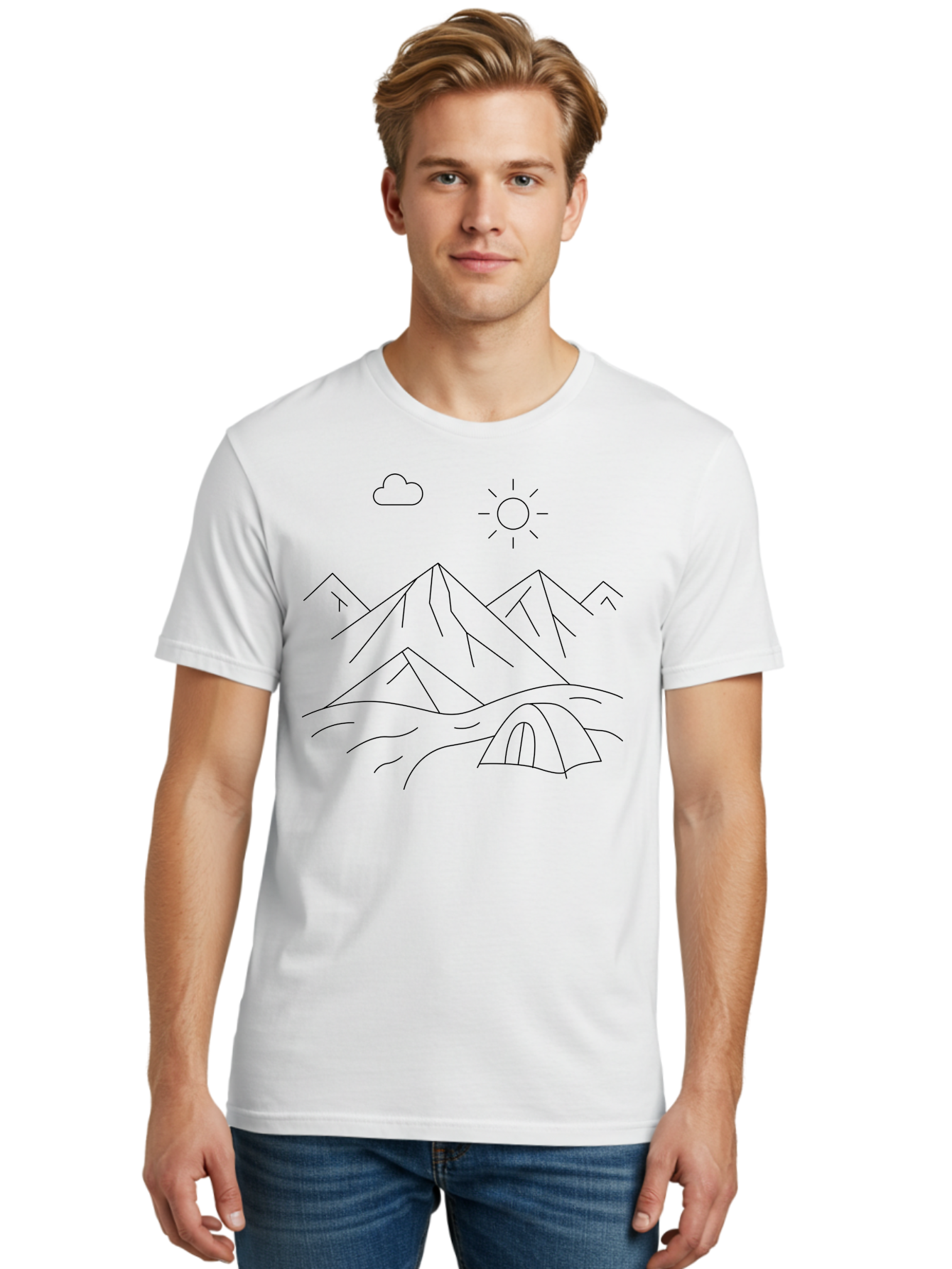 Tent-And-Mountain Men'S Graphic Tee, 100% Cotton, Comfortable Casual Summer Wear, Machine Washable, Mountain Landscape, Simple Line Art, Serene Atmosphere, Tent, Sun, Cloud, Minimalist Design, Outdoor Scenery, Natural Beauty, Camping - Aaa215 30
