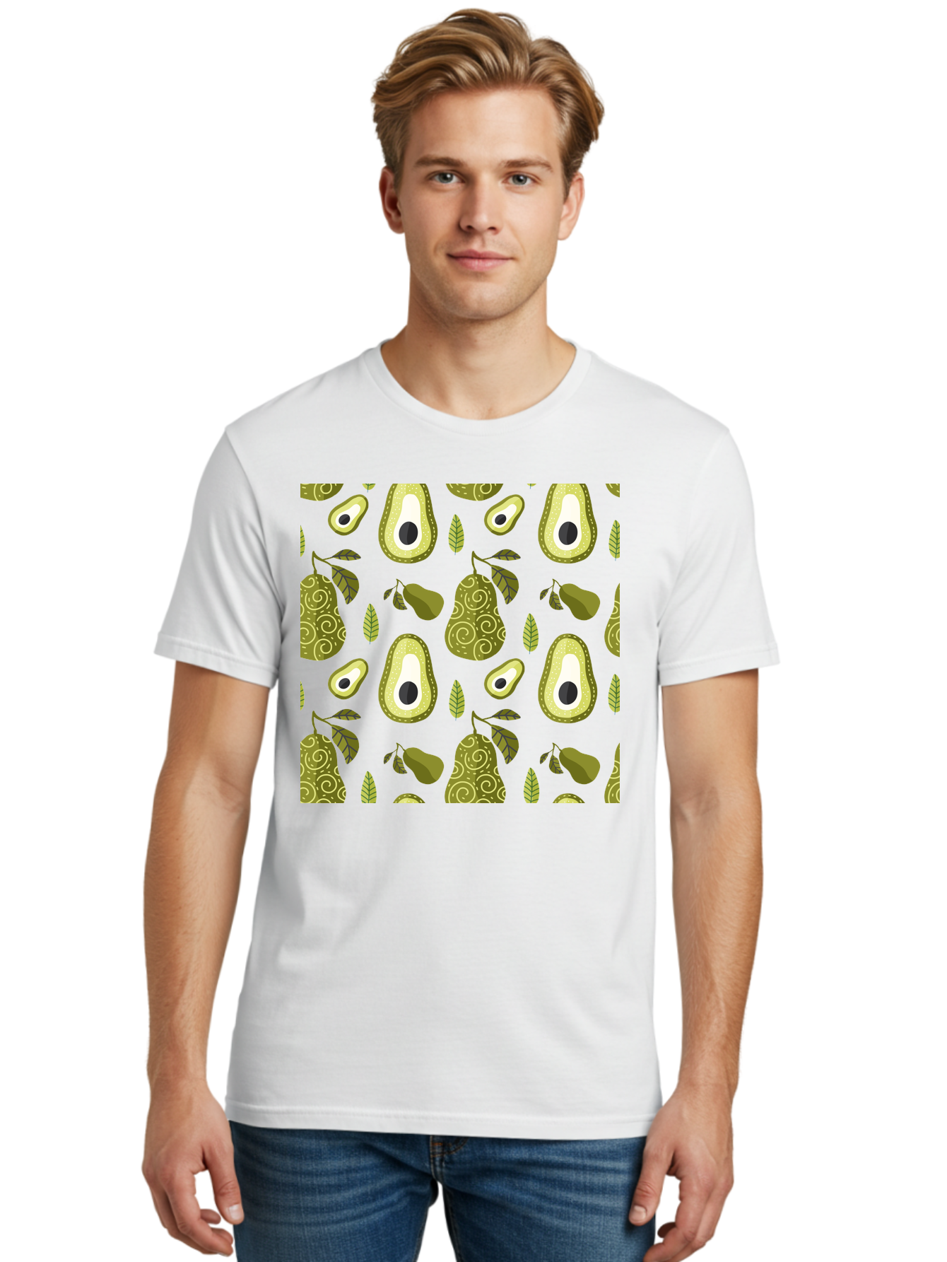 Avocado-Pattern Men'S Graphic Tee, 100% Cotton, Comfortable Casual Summer Wear, Machine Washable, Avocado Pattern, Half Avocados, Whole Avocados, Leaves, Swirls, Food Illustration, Healthy Eating, Organic Produce, Kitchen Decor, - Aaa232 30