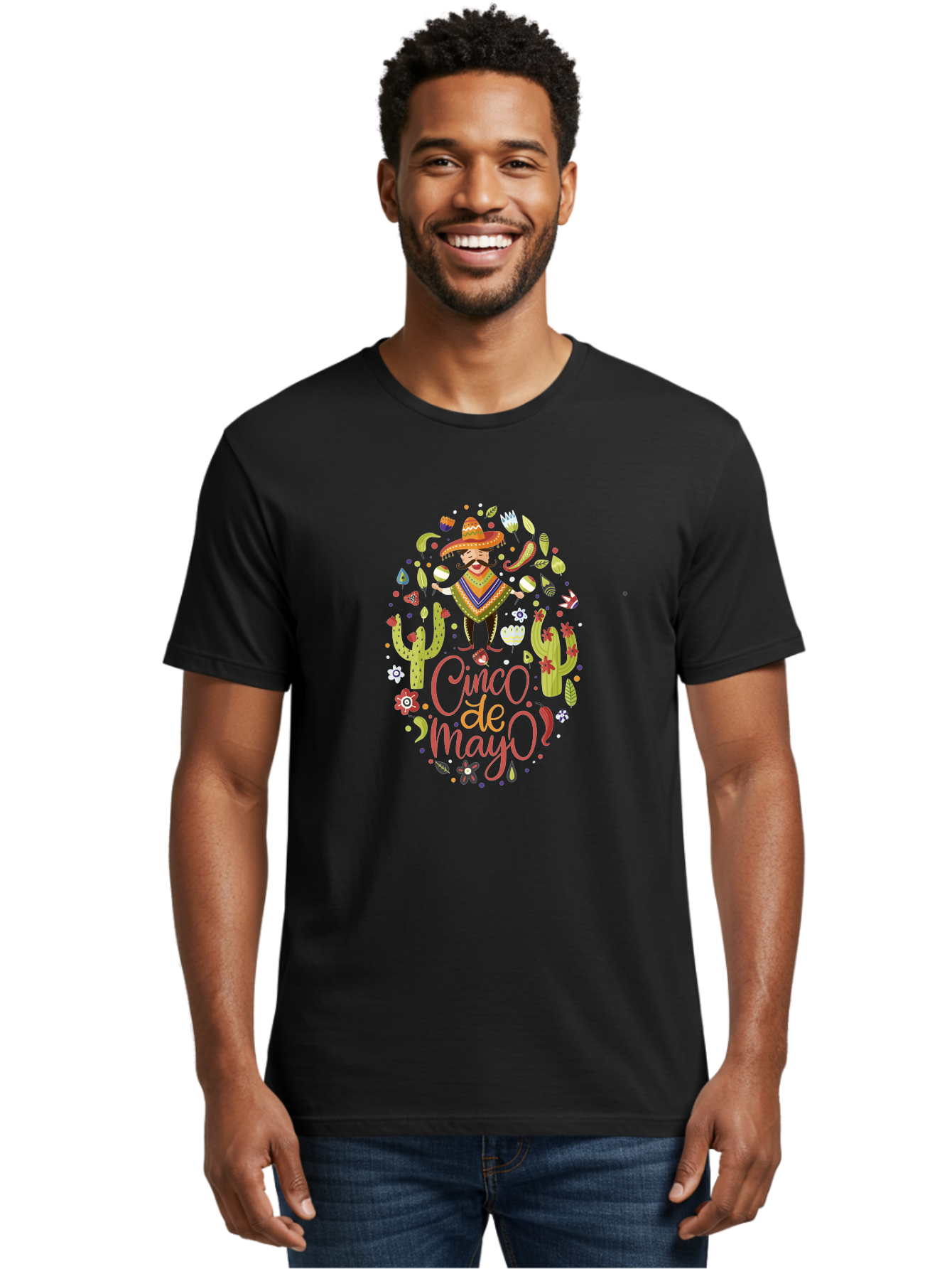 Cinco-De-Mayo Men'S Graphic Tee, 100% Cotton, Comfortable Casual Summer Wear, Machine Washable, Mexican Man, Sombrero, Poncho, Mustache, Maracas, Cacti, Flowers, Butterflies, Birds, Festive Atmosphere, Latin Culture, Holiday Celebration, - Aaa240 6