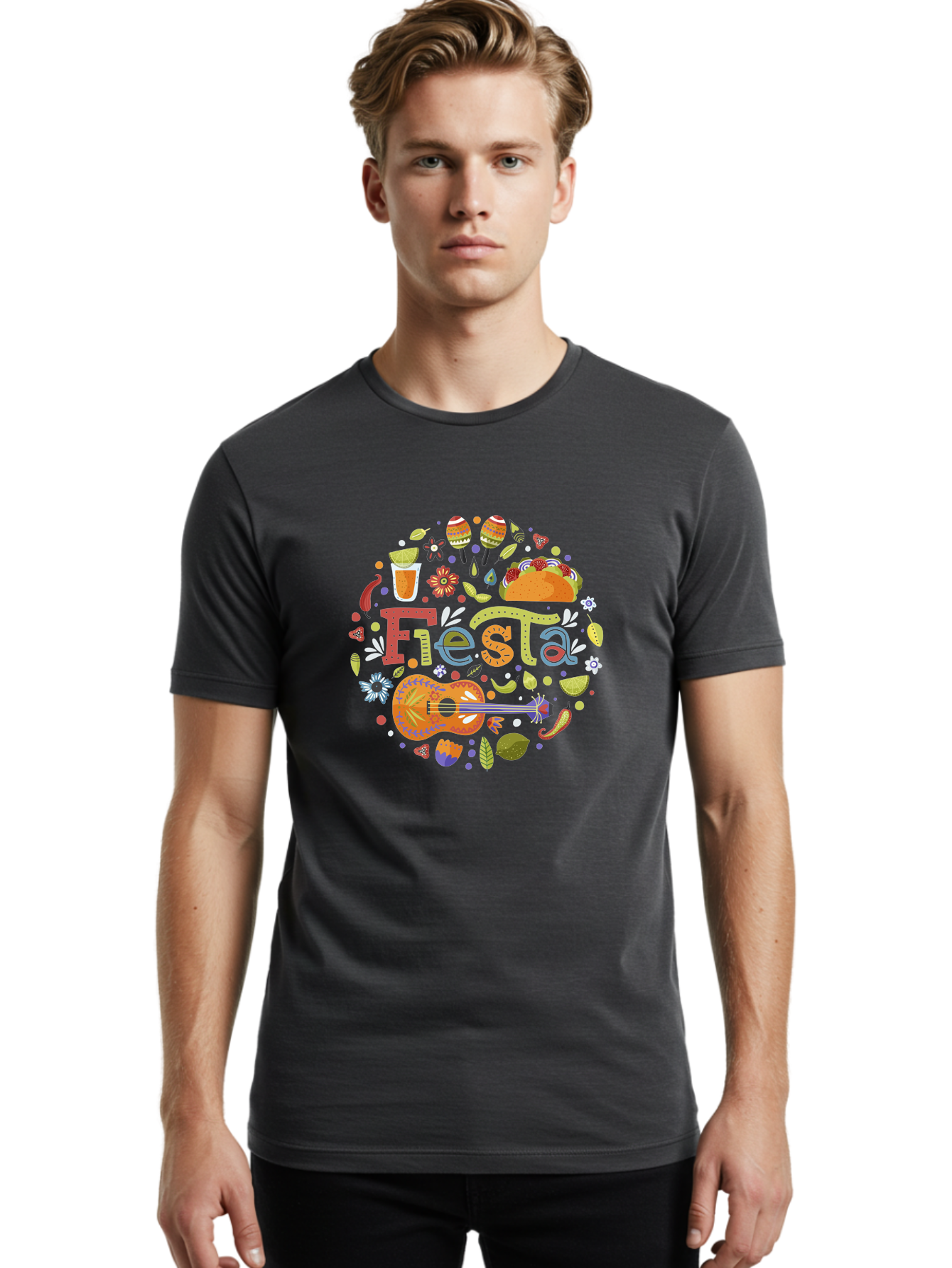 Festa Men'S Graphic Tee, 100% Cotton, Comfortable Casual Summer Wear, Machine Washable, Festival Vibes, Colorful Illustration, Mexican Food, Drinks, Flowers, Guitar, Maracas, Lively Celebration, Vibrant Colors, Festive Atmosphere, Party, - Aaa242 28