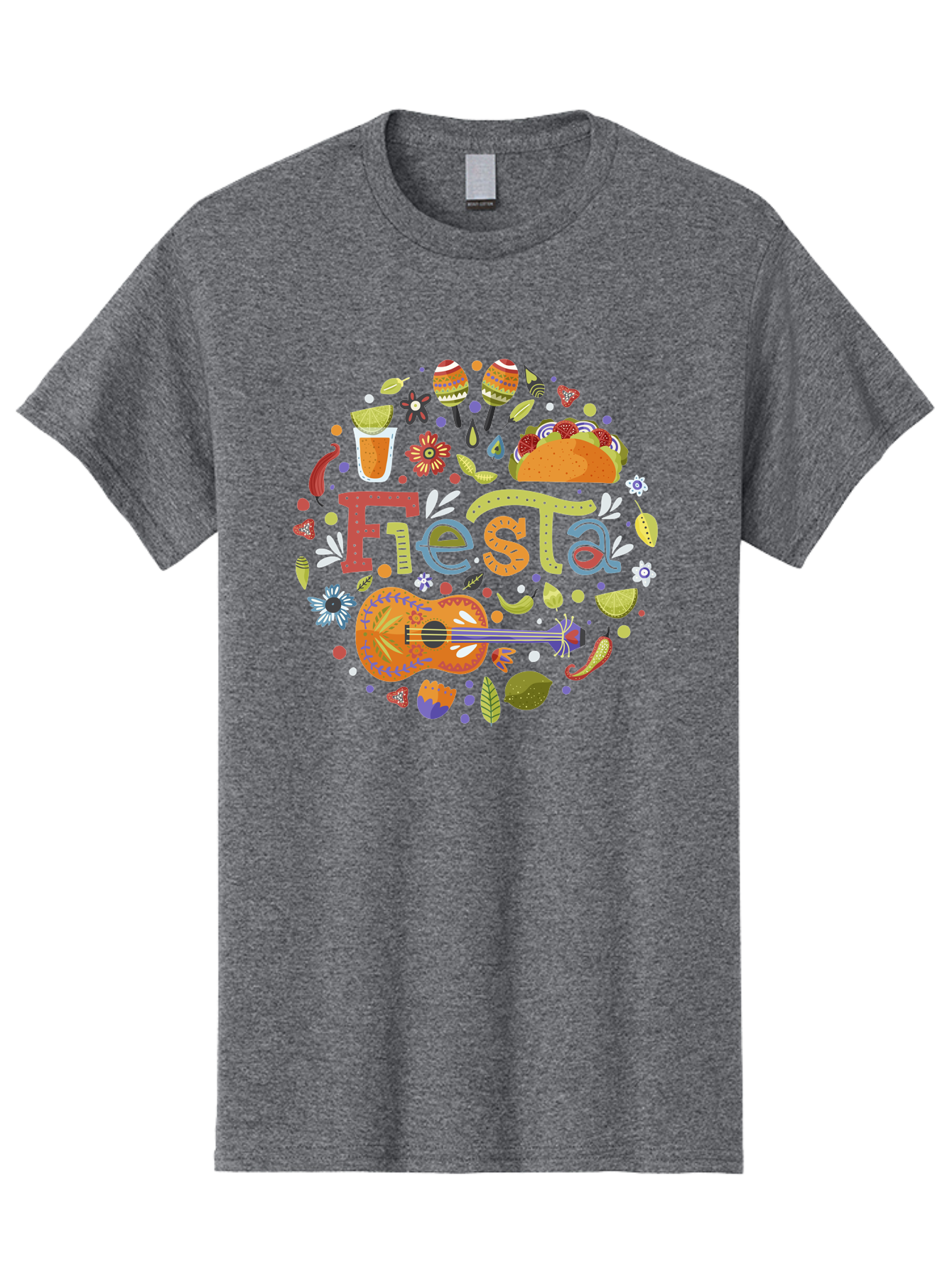 Festa Men'S Graphic Tee, 100% Cotton, Comfortable Casual Summer Wear, Machine Washable, Festival Vibes, Colorful Illustration, Mexican Food, Drinks, Flowers, Guitar, Maracas, Lively Celebration, Vibrant Colors, Festive Atmosphere, Party, - Aaa242 23