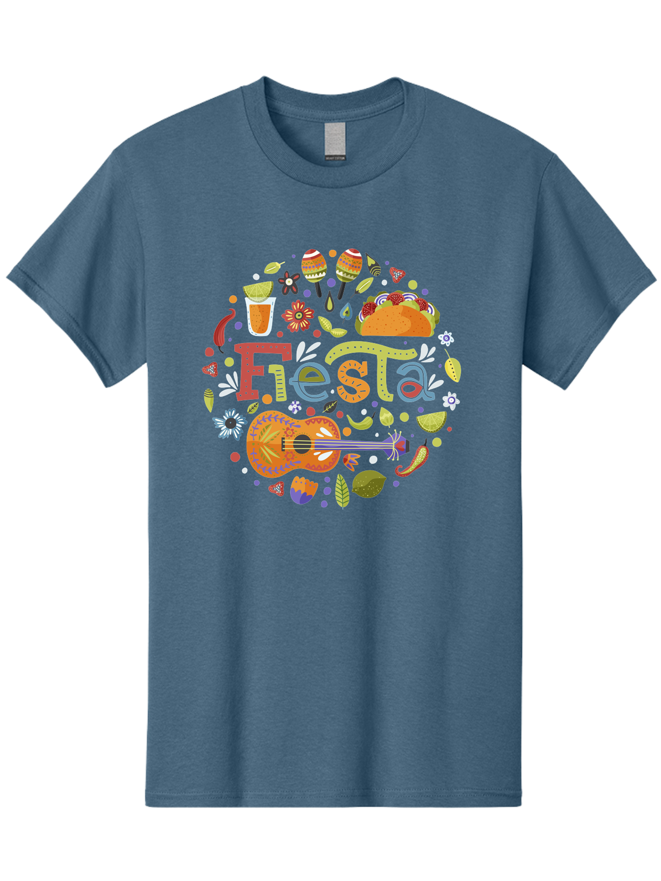 Festa Men'S Graphic Tee, 100% Cotton, Comfortable Casual Summer Wear, Machine Washable, Festival Vibes, Colorful Illustration, Mexican Food, Drinks, Flowers, Guitar, Maracas, Lively Celebration, Vibrant Colors, Festive Atmosphere, Party, - Aaa242 7