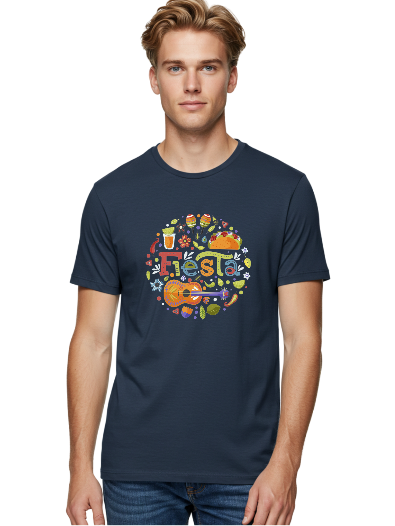 Festa Men'S Graphic Tee, 100% Cotton, Comfortable Casual Summer Wear, Machine Washable, Festival Vibes, Colorful Illustration, Mexican Food, Drinks, Flowers, Guitar, Maracas, Lively Celebration, Vibrant Colors, Festive Atmosphere, Party, - Aaa242 4