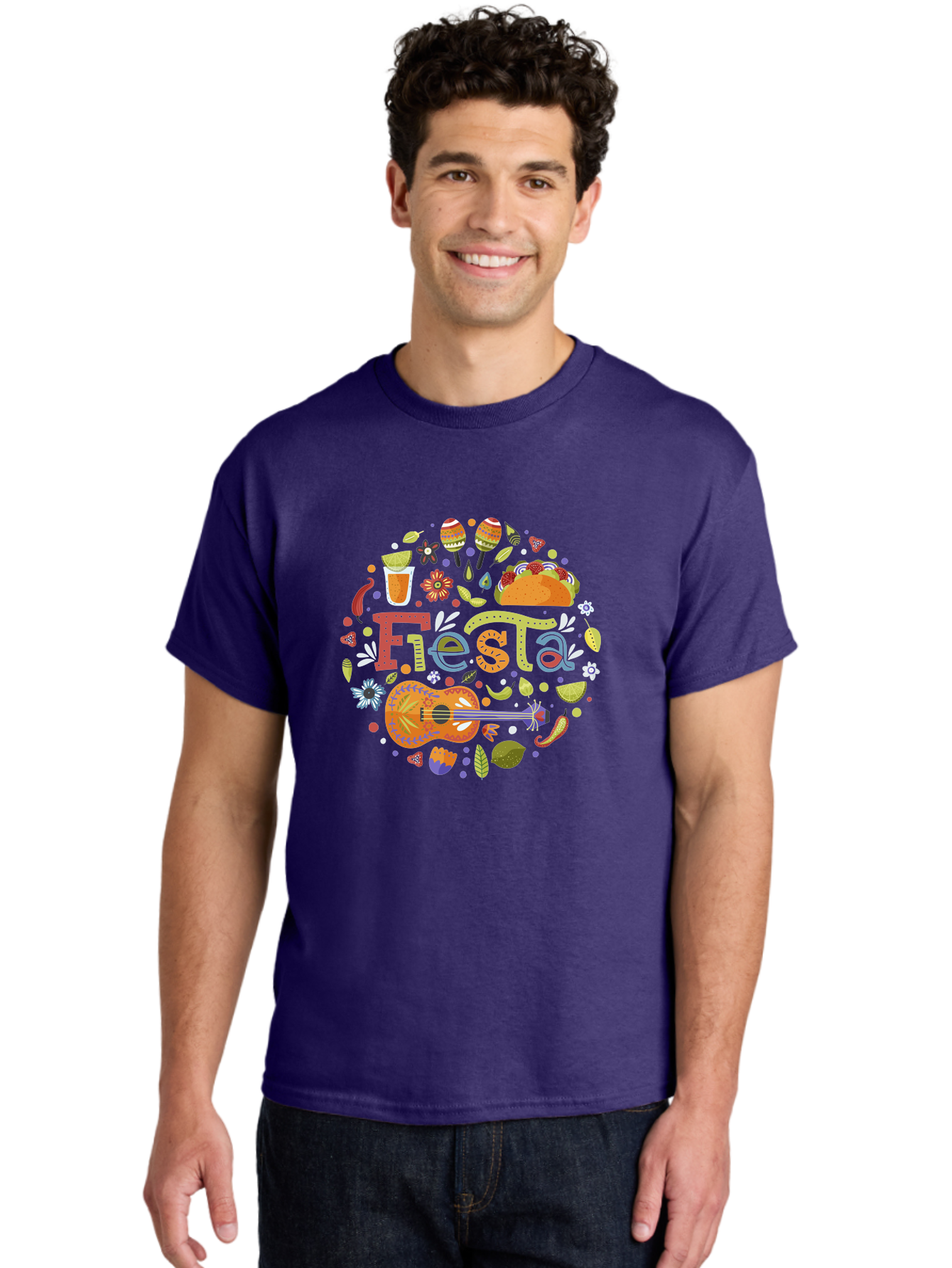 Festa Men'S Graphic Tee, 100% Cotton, Comfortable Casual Summer Wear, Machine Washable, Festival Vibes, Colorful Illustration, Mexican Food, Drinks, Flowers, Guitar, Maracas, Lively Celebration, Vibrant Colors, Festive Atmosphere, Party, - Aaa242 20
