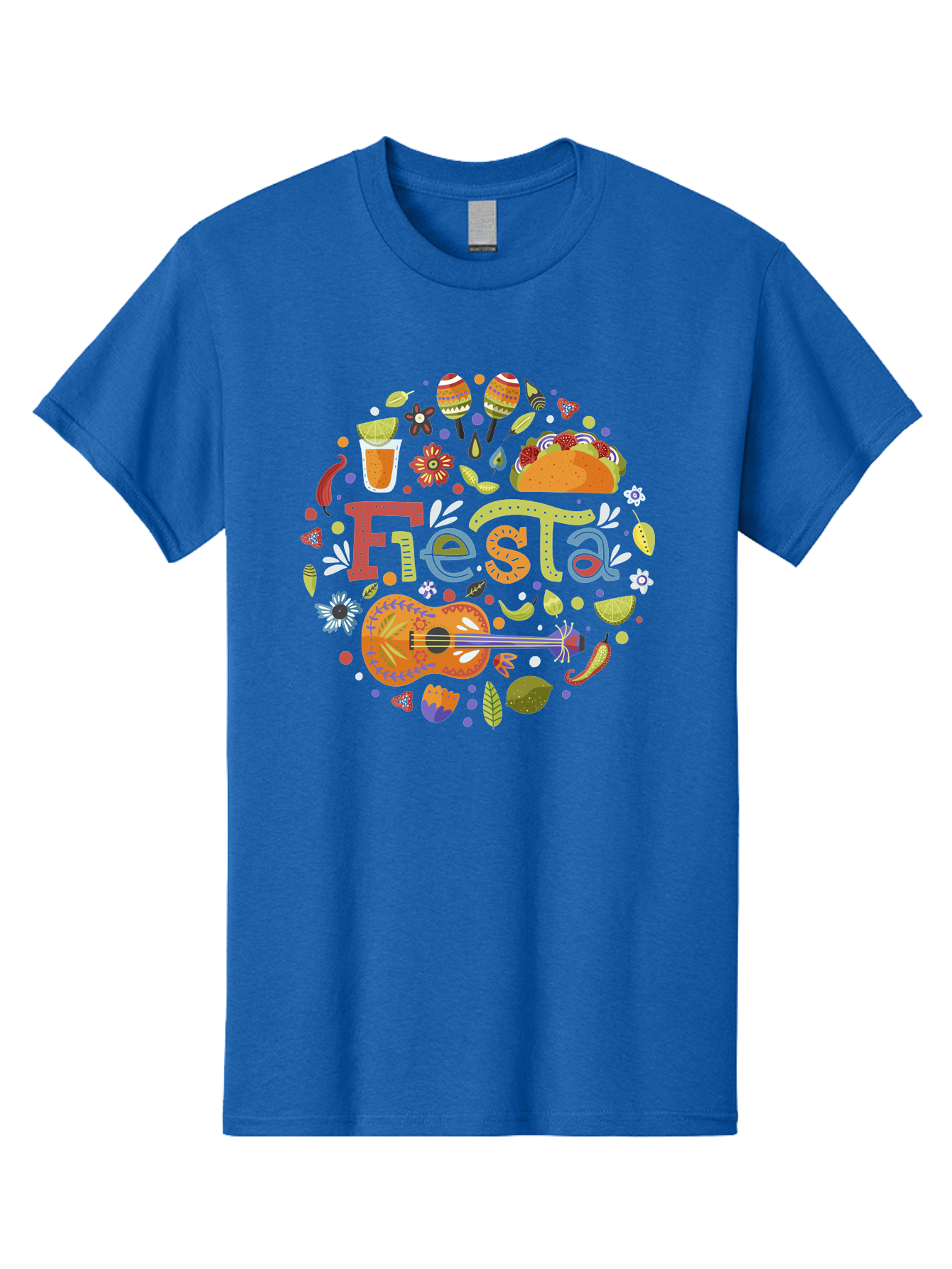 Festa Men'S Graphic Tee, 100% Cotton, Comfortable Casual Summer Wear, Machine Washable, Festival Vibes, Colorful Illustration, Mexican Food, Drinks, Flowers, Guitar, Maracas, Lively Celebration, Vibrant Colors, Festive Atmosphere, Party, - Aaa242 25