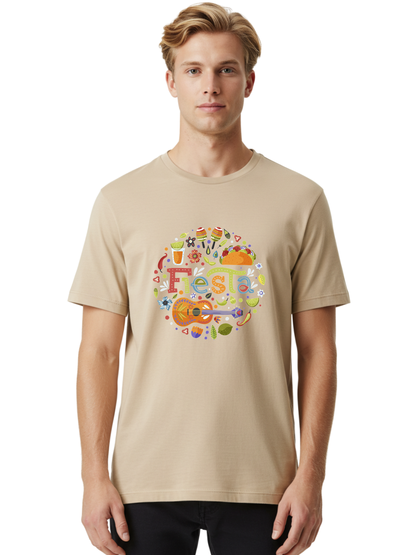 Festa Men'S Graphic Tee, 100% Cotton, Comfortable Casual Summer Wear, Machine Washable, Festival Vibes, Colorful Illustration, Mexican Food, Drinks, Flowers, Guitar, Maracas, Lively Celebration, Vibrant Colors, Festive Atmosphere, Party, - Aaa242 22