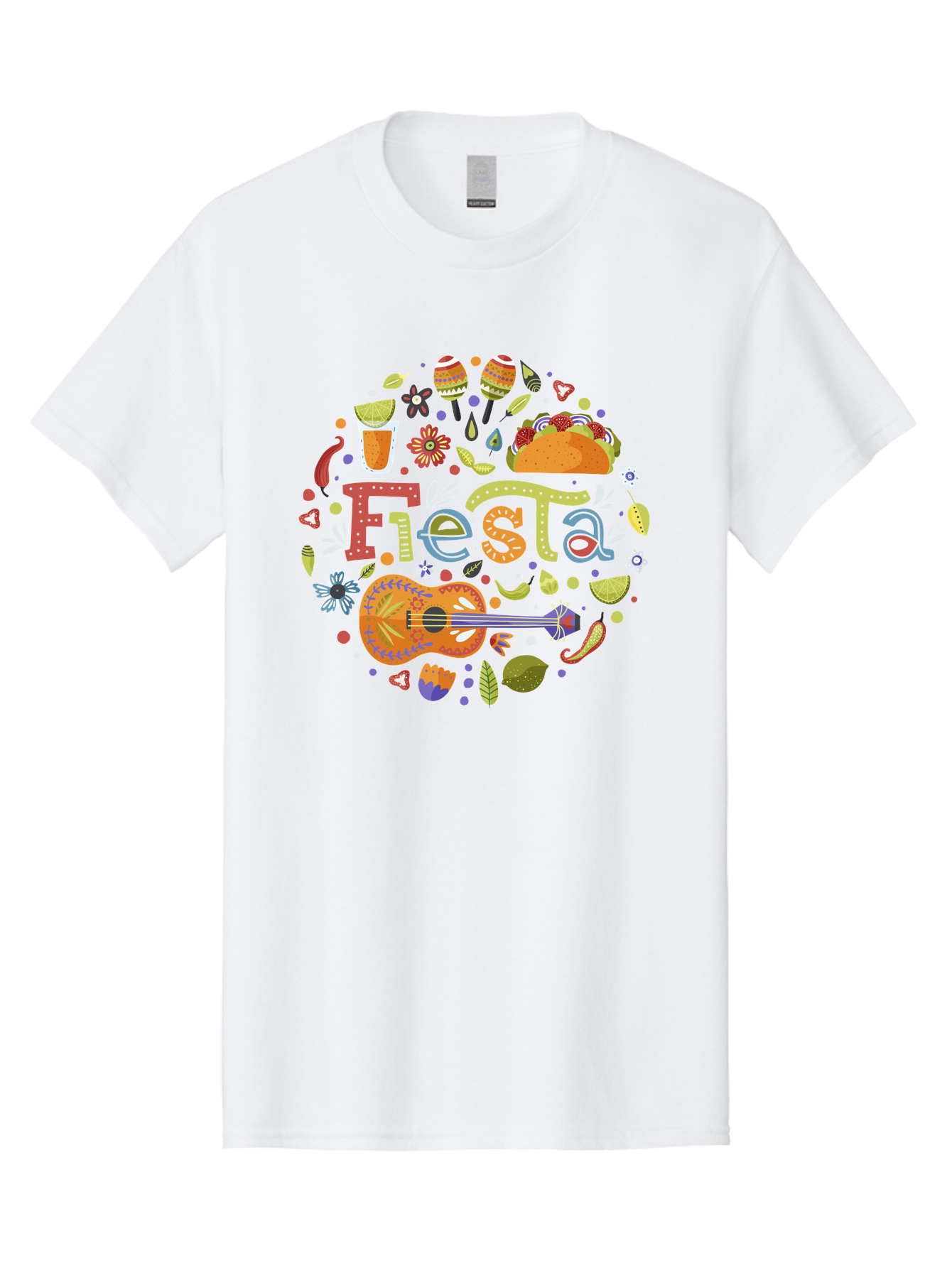 Festa Men'S Graphic Tee, 100% Cotton, Comfortable Casual Summer Wear, Machine Washable, Festival Vibes, Colorful Illustration, Mexican Food, Drinks, Flowers, Guitar, Maracas, Lively Celebration, Vibrant Colors, Festive Atmosphere, Party, - Aaa242 5