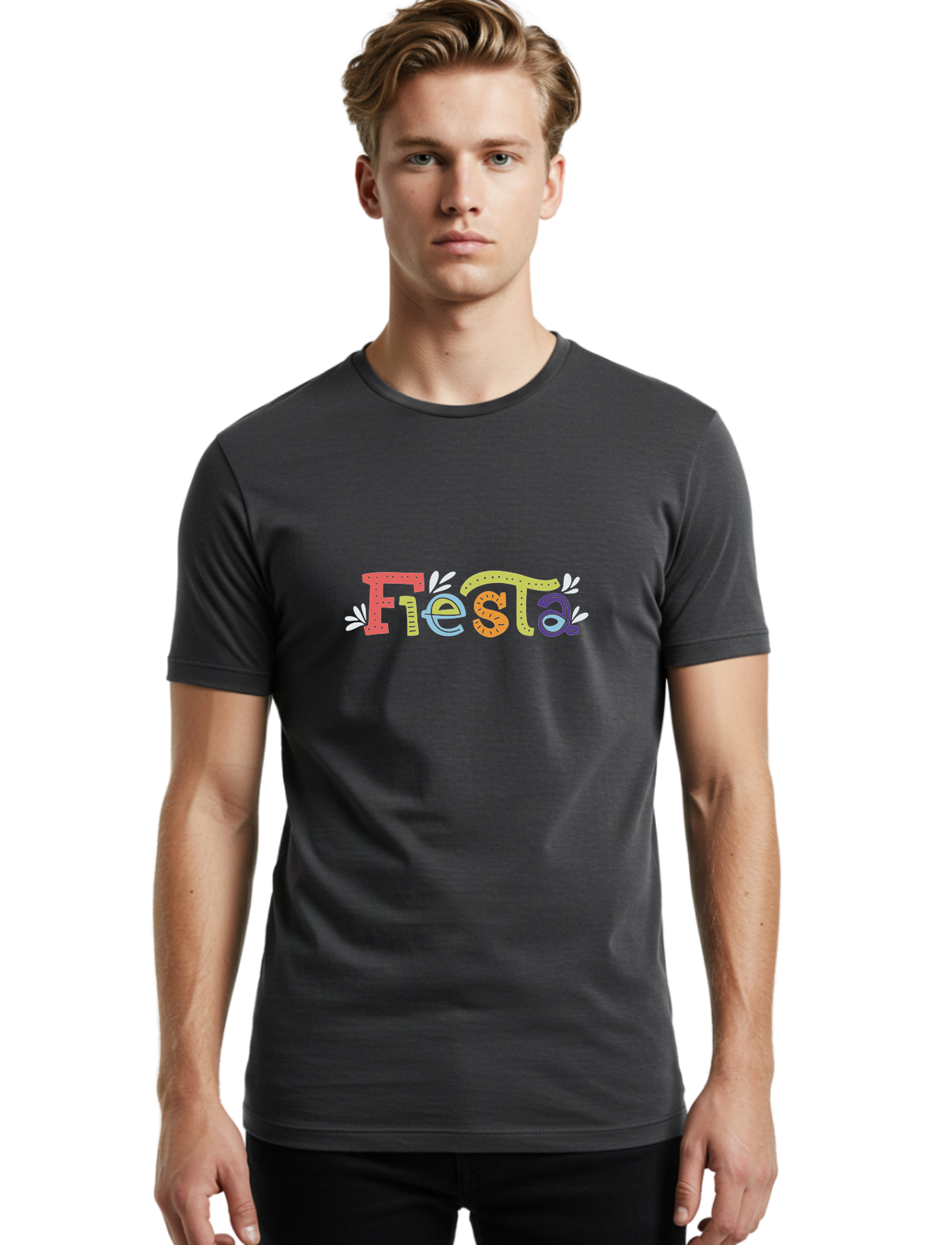 Fiesta-1 Men'S Graphic Tee, 100% Cotton, Comfortable Casual Summer Wear, Machine Washable, Vibrant Lettering, Colorful Text, Fiesta Theme, Festive Design, Celebration Graphics, Party Decoration, Multicolored Font, Decorative Leaves - Aaa243 14