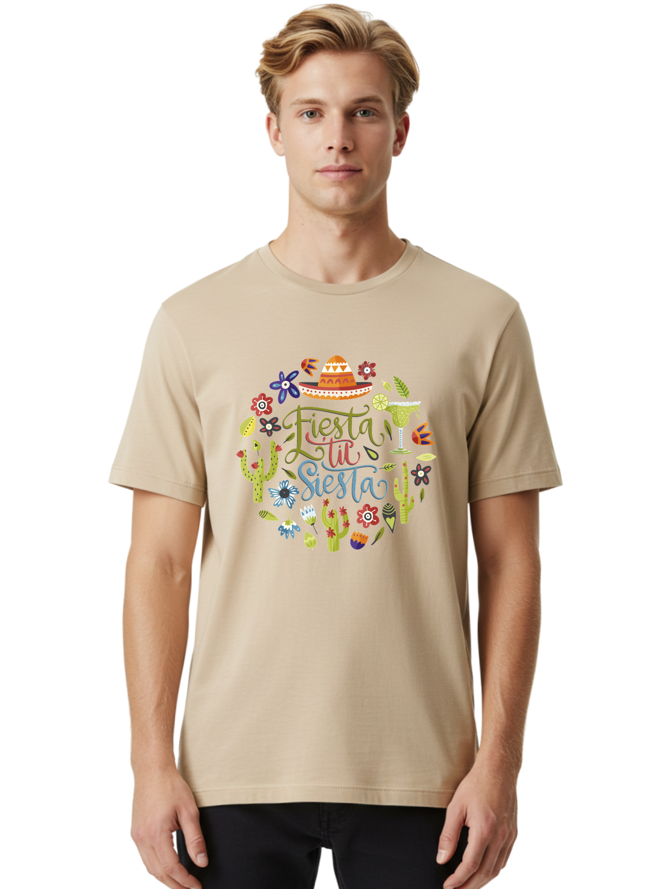 Fiesta-Till-Siesta Men'S Graphic Tee, 100% Cotton, Comfortable Casual Summer Wear, Machine Washable, Fiesta, Siesta, Colorful Flowers, Cacti, Sombrero, Margarita Glass, Margarita, Party, Celebration, Mexican Culture, Vibrant Colors, - Aaa247 30