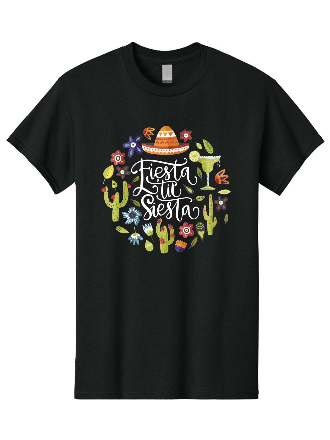 Fiesta-Tu-Siesta Men'S Graphic Tee, 100% Cotton, Comfortable Casual Summer Wear, Machine Washable, Fiesta Theme, Mexican Vacation, Margarita Cocktail, Sombrero Hat, Cacti Flowers, Colorful Decor, Party Celebration, Latino Culture, - Aaa248 1