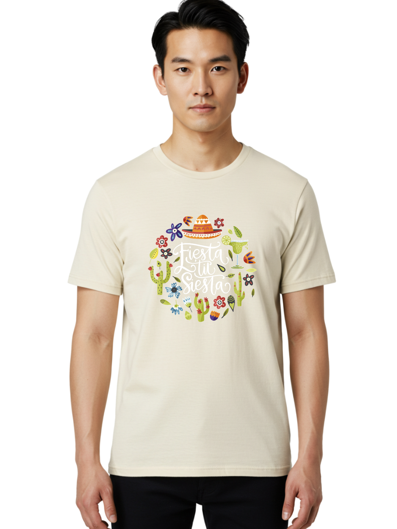 Fiesta-Tu-Siesta Men'S Graphic Tee, 100% Cotton, Comfortable Casual Summer Wear, Machine Washable, Fiesta Theme, Mexican Vacation, Margarita Cocktail, Sombrero Hat, Cacti Flowers, Colorful Decor, Party Celebration, Latino Culture, - Aaa248 26