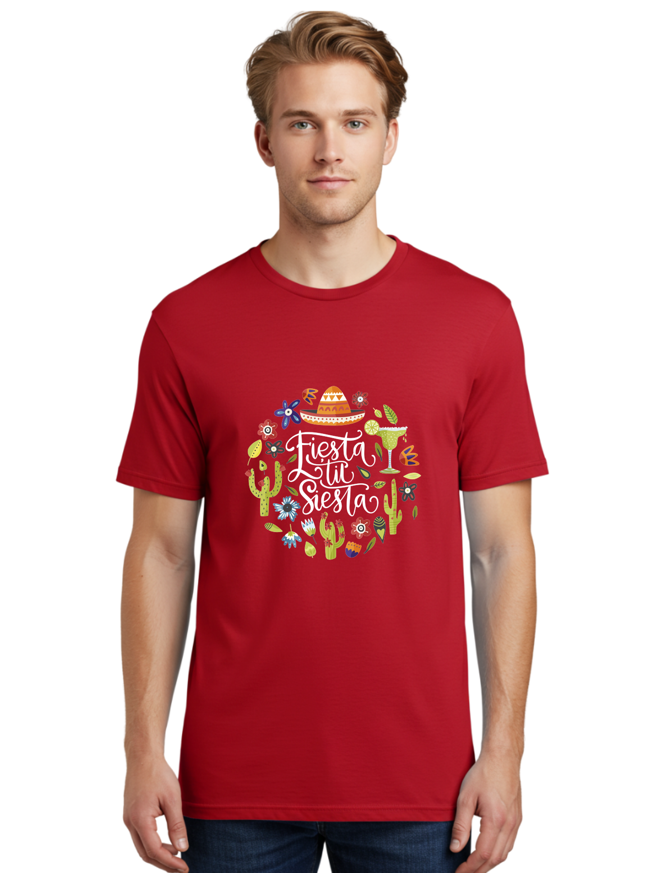 Fiesta-Tu-Siesta Men'S Graphic Tee, 100% Cotton, Comfortable Casual Summer Wear, Machine Washable, Fiesta Theme, Mexican Vacation, Margarita Cocktail, Sombrero Hat, Cacti Flowers, Colorful Decor, Party Celebration, Latino Culture, - Aaa248 24