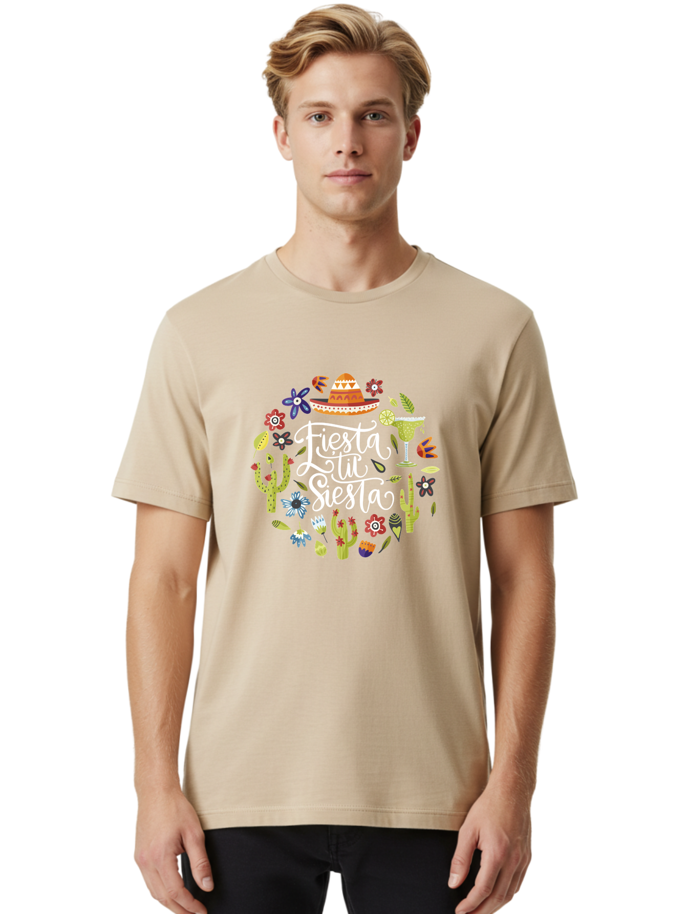 Fiesta-Tu-Siesta Men'S Graphic Tee, 100% Cotton, Comfortable Casual Summer Wear, Machine Washable, Fiesta Theme, Mexican Vacation, Margarita Cocktail, Sombrero Hat, Cacti Flowers, Colorful Decor, Party Celebration, Latino Culture, - Aaa248 14