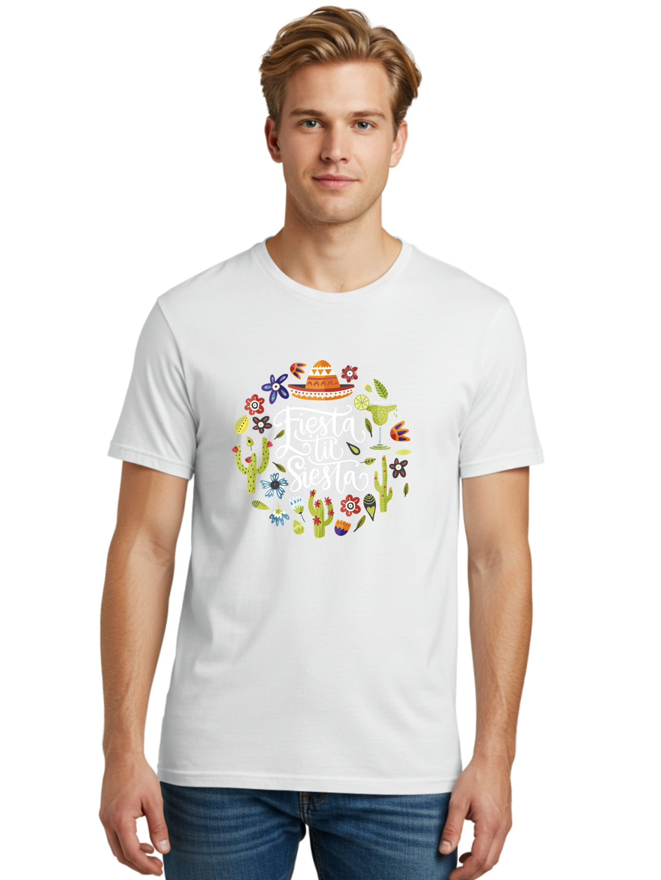 Fiesta-Tu-Siesta Men'S Graphic Tee, 100% Cotton, Comfortable Casual Summer Wear, Machine Washable, Fiesta Theme, Mexican Vacation, Margarita Cocktail, Sombrero Hat, Cacti Flowers, Colorful Decor, Party Celebration, Latino Culture, - Aaa248 4