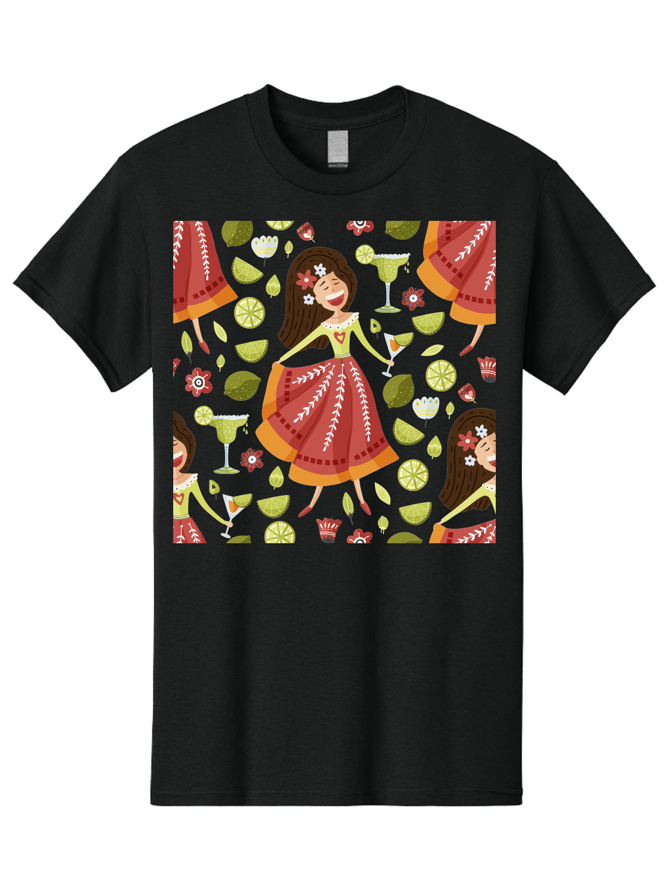 Hula-Girl Men'S Graphic Tee, 100% Cotton, Comfortable Casual Summer Wear, Machine Washable, Hula Girl, Hawaiian Dance, Margarita Cocktails, Citrus Fruits, Floral Patterns, Tropical Leaves, Dancing Woman, Festive Atmosphere, Joyful Moments, - Aaa255 5