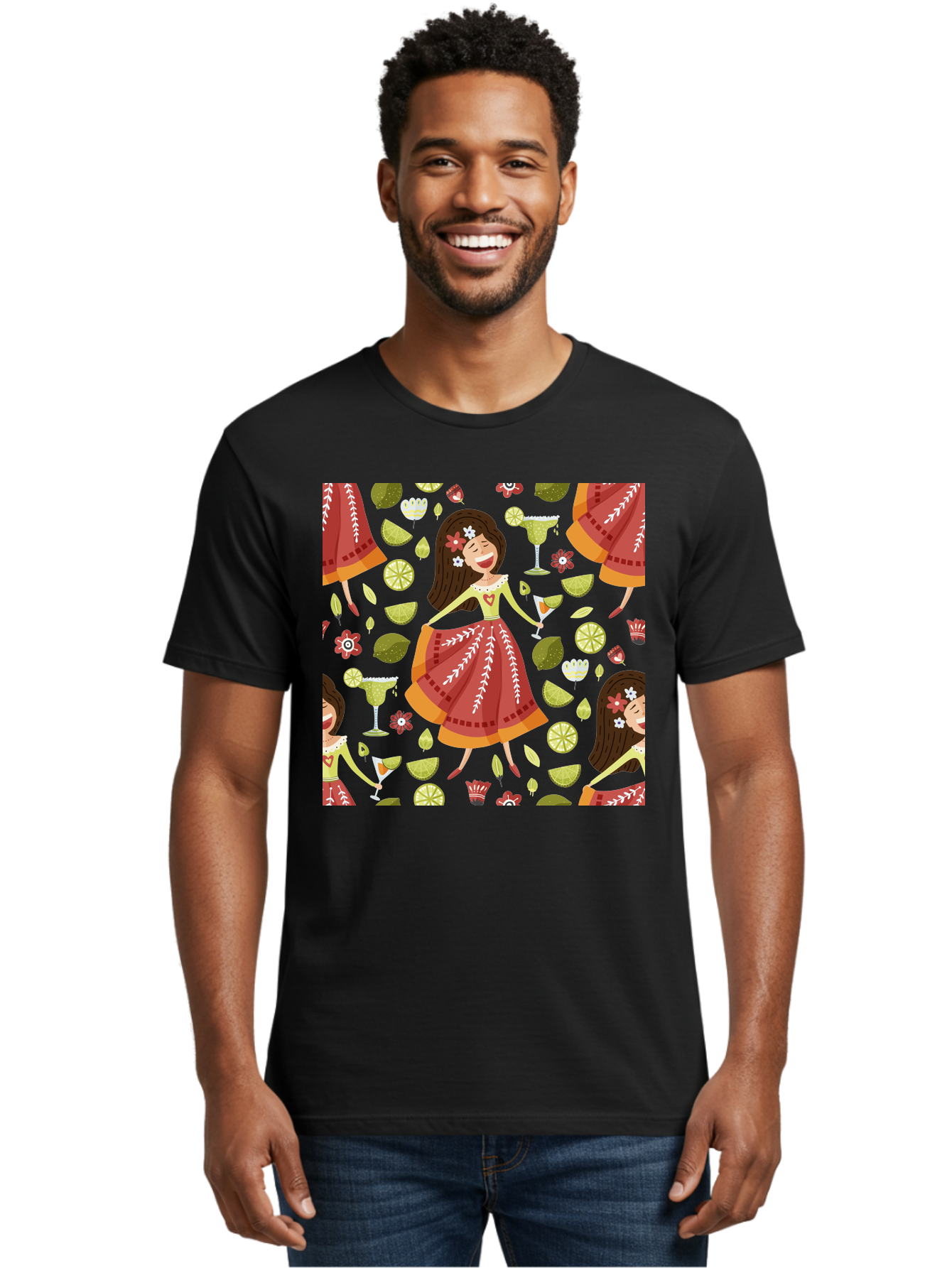 Hula-Girl Men'S Graphic Tee, 100% Cotton, Comfortable Casual Summer Wear, Machine Washable, Hula Girl, Hawaiian Dance, Margarita Cocktails, Citrus Fruits, Floral Patterns, Tropical Leaves, Dancing Woman, Festive Atmosphere, Joyful Moments, - Aaa255 6