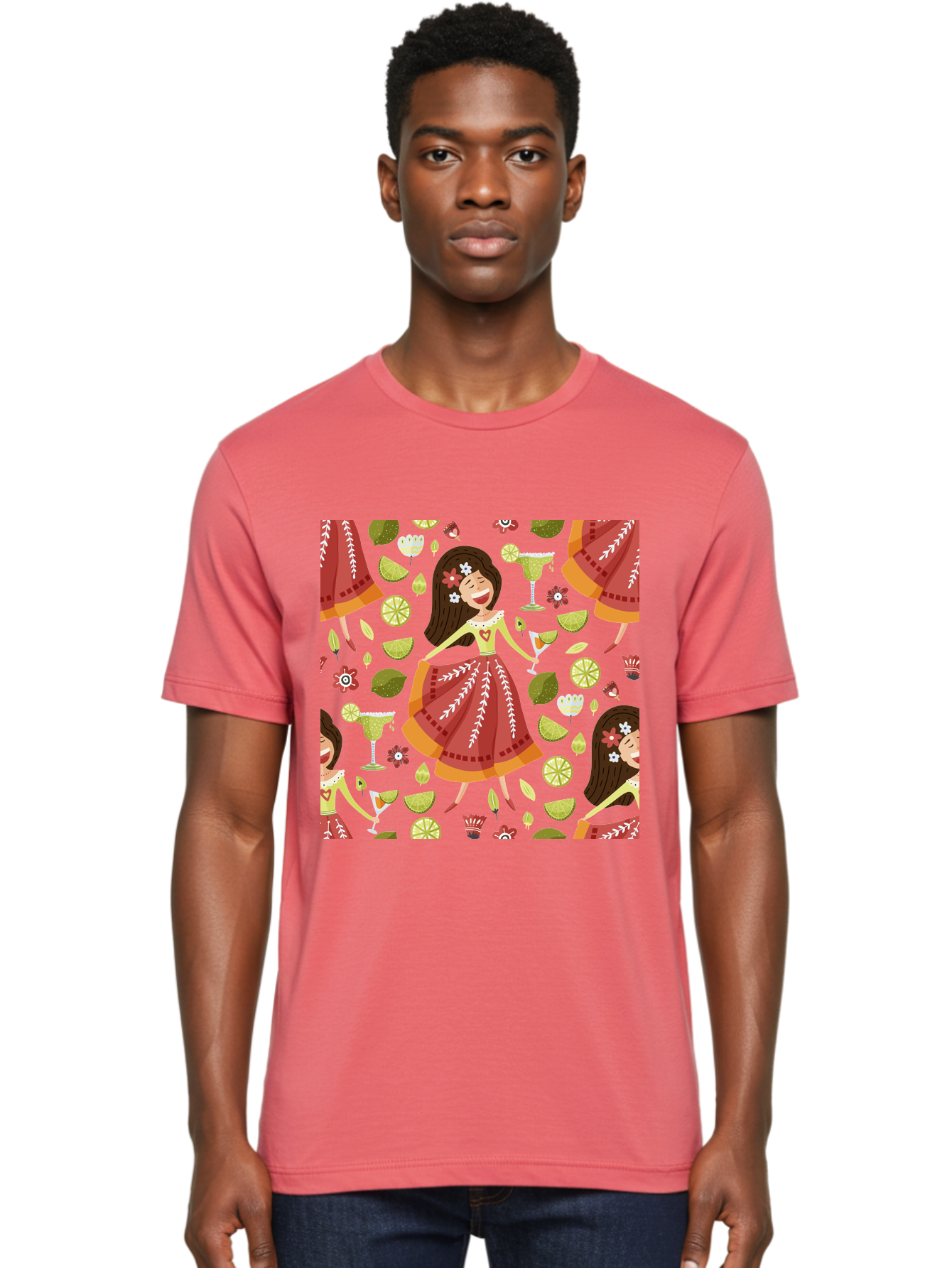 Hula-Girl Men'S Graphic Tee, 100% Cotton, Comfortable Casual Summer Wear, Machine Washable, Hula Girl, Hawaiian Dance, Margarita Cocktails, Citrus Fruits, Floral Patterns, Tropical Leaves, Dancing Woman, Festive Atmosphere, Joyful Moments, - Aaa255 14