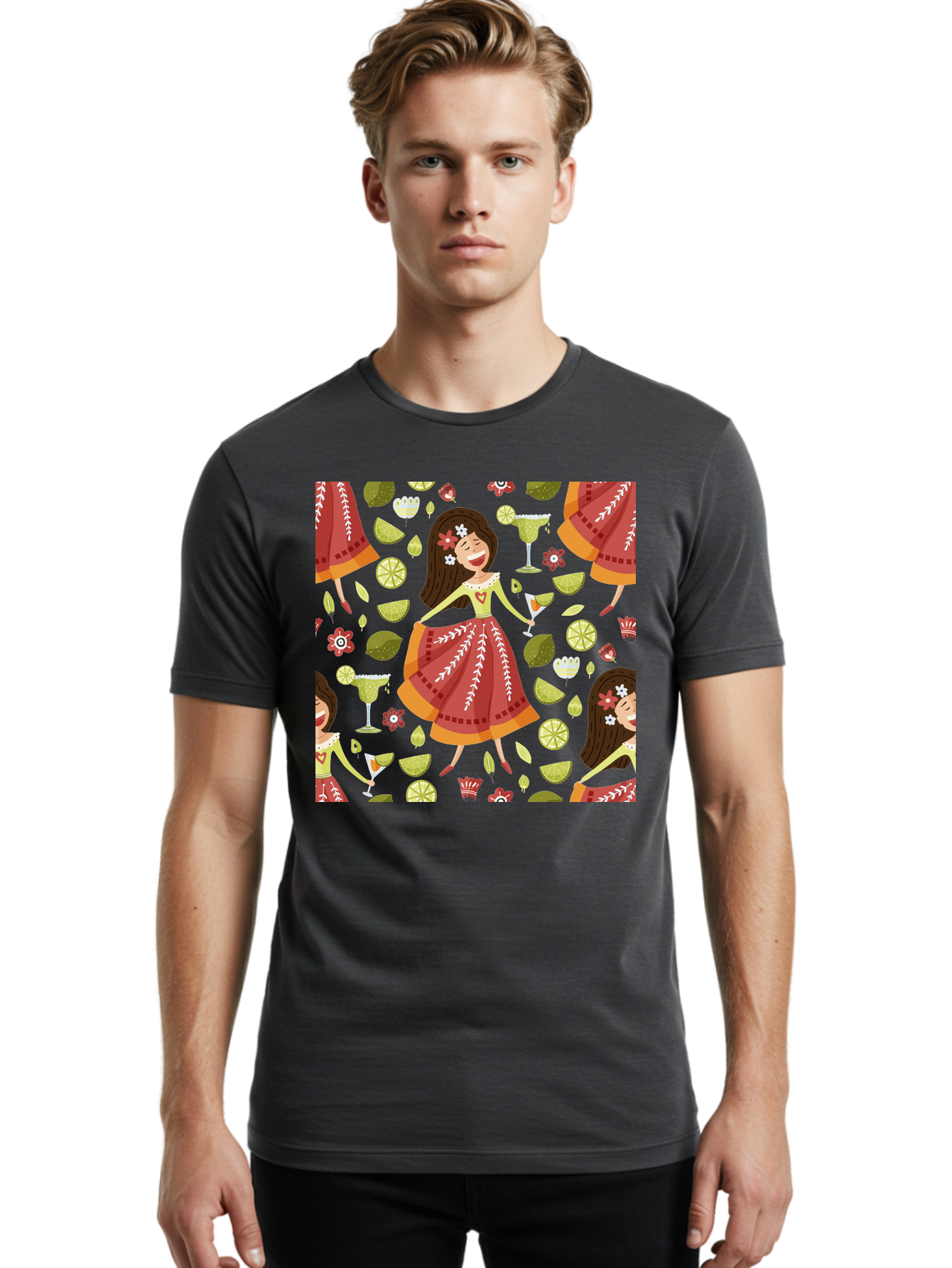 Hula-Girl Men'S Graphic Tee, 100% Cotton, Comfortable Casual Summer Wear, Machine Washable, Hula Girl, Hawaiian Dance, Margarita Cocktails, Citrus Fruits, Floral Patterns, Tropical Leaves, Dancing Woman, Festive Atmosphere, Joyful Moments, - Aaa255 4