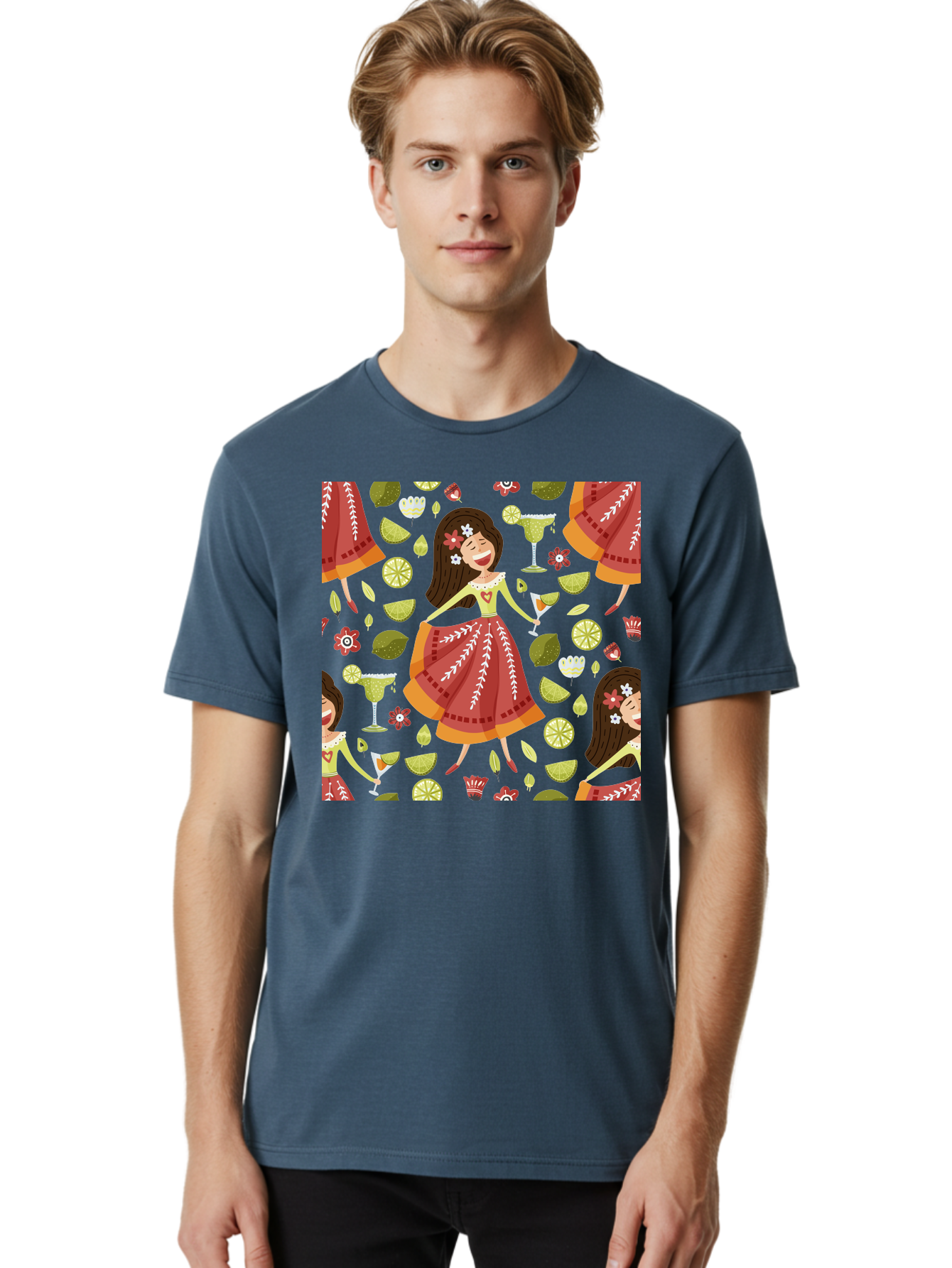 Hula-Girl Men'S Graphic Tee, 100% Cotton, Comfortable Casual Summer Wear, Machine Washable, Hula Girl, Hawaiian Dance, Margarita Cocktails, Citrus Fruits, Floral Patterns, Tropical Leaves, Dancing Woman, Festive Atmosphere, Joyful Moments, - Aaa255 22