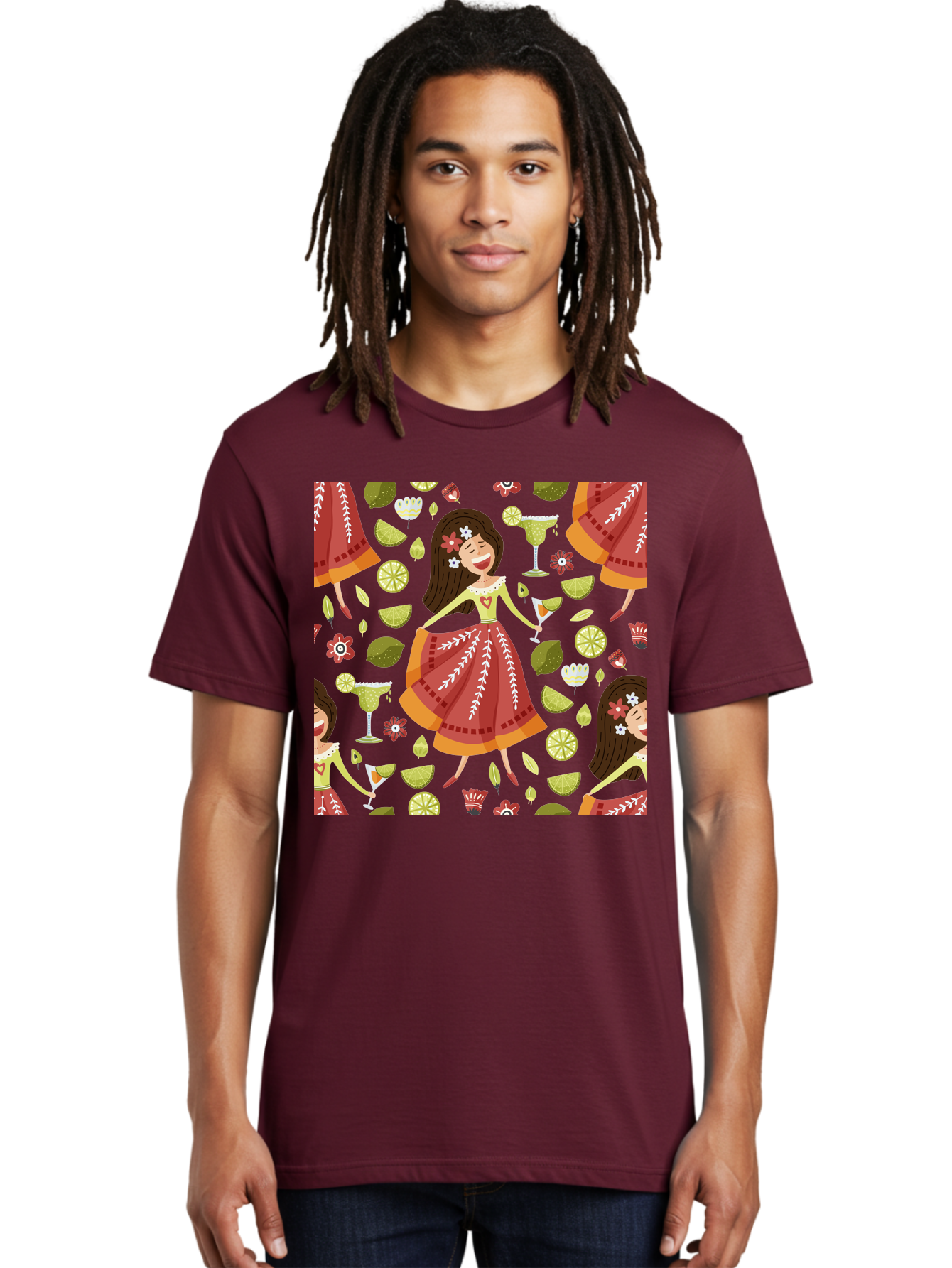 Hula-Girl Men'S Graphic Tee, 100% Cotton, Comfortable Casual Summer Wear, Machine Washable, Hula Girl, Hawaiian Dance, Margarita Cocktails, Citrus Fruits, Floral Patterns, Tropical Leaves, Dancing Woman, Festive Atmosphere, Joyful Moments, - Aaa255 18