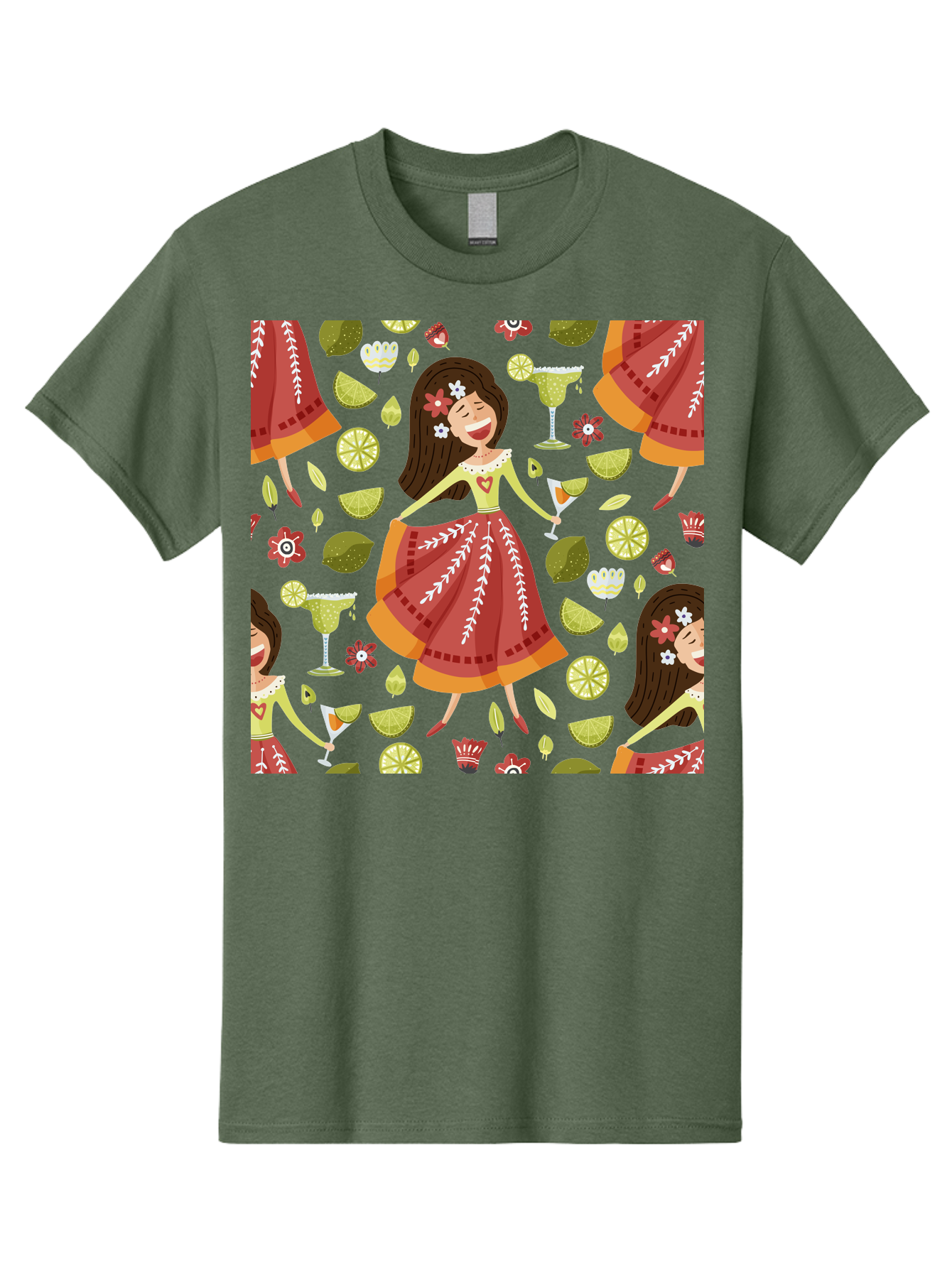 Hula-Girl Men'S Graphic Tee, 100% Cotton, Comfortable Casual Summer Wear, Machine Washable, Hula Girl, Hawaiian Dance, Margarita Cocktails, Citrus Fruits, Floral Patterns, Tropical Leaves, Dancing Woman, Festive Atmosphere, Joyful Moments, - Aaa255 25