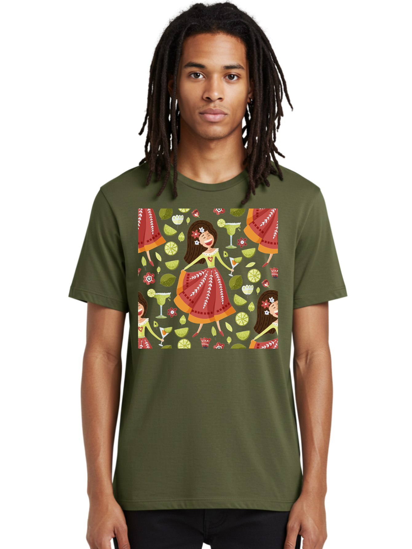 Hula-Girl Men'S Graphic Tee, 100% Cotton, Comfortable Casual Summer Wear, Machine Washable, Hula Girl, Hawaiian Dance, Margarita Cocktails, Citrus Fruits, Floral Patterns, Tropical Leaves, Dancing Woman, Festive Atmosphere, Joyful Moments, - Aaa255 26