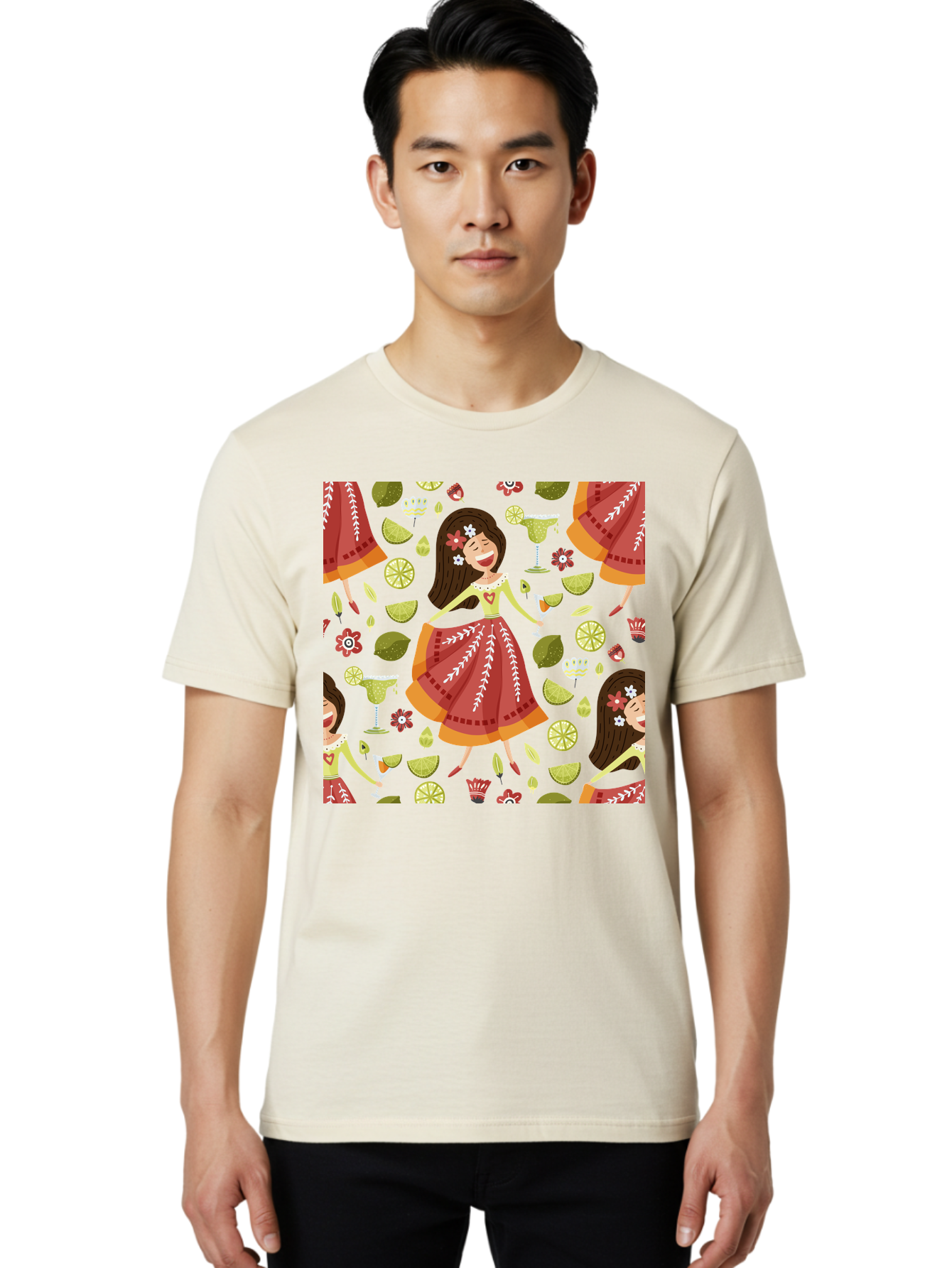Hula-Girl Men'S Graphic Tee, 100% Cotton, Comfortable Casual Summer Wear, Machine Washable, Hula Girl, Hawaiian Dance, Margarita Cocktails, Citrus Fruits, Floral Patterns, Tropical Leaves, Dancing Woman, Festive Atmosphere, Joyful Moments, - Aaa255 12